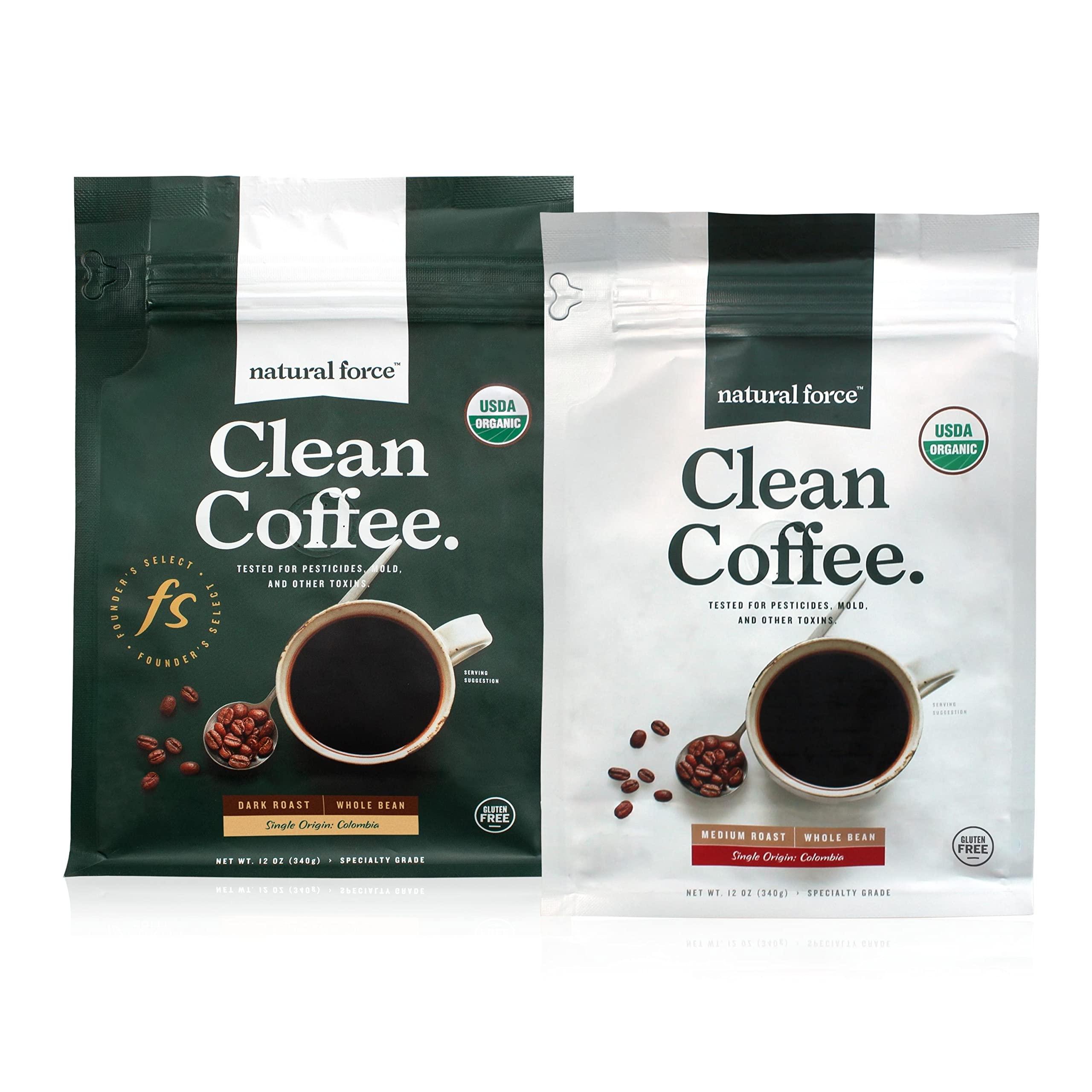 Natural Force Natural Force Clean Coffee Dark + Medium Roast Bundle - Organic, Mold Free, Whole Bean Coffees Tested for Toxins and Powered by Purity – Great Taste + Aroma - 2x 12 Ounce Bags