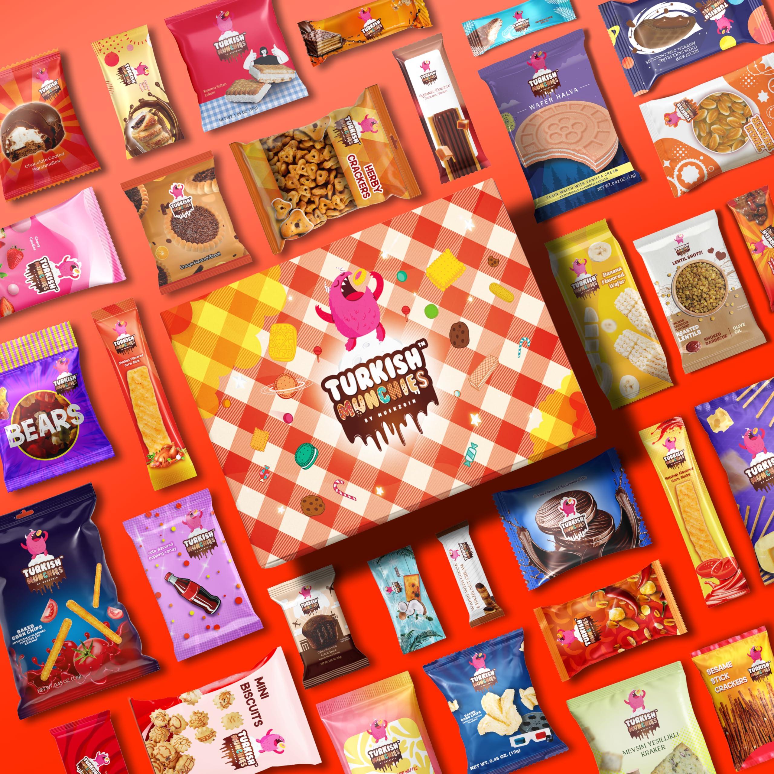 Turkish Munchies by Muekzoin Mega International Snack Box | Premium Exotic Foreign Snacks | Unique Snack Food Gifts Included | Try Extraordinary Turkish Snacks | Candies from Around the World | 32 Full-Size Snacks