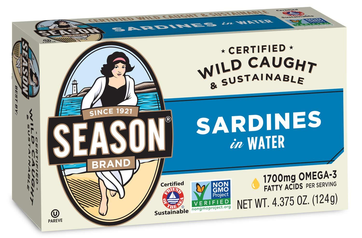 SEASON Season Sardines in Water – Wild Caught Fish, 22g of Protein, Keto Snacks, More Omega 3's Than Tuna, High in Calcium, Canned Sardines – 4.37 Oz Tins, 12-Pack