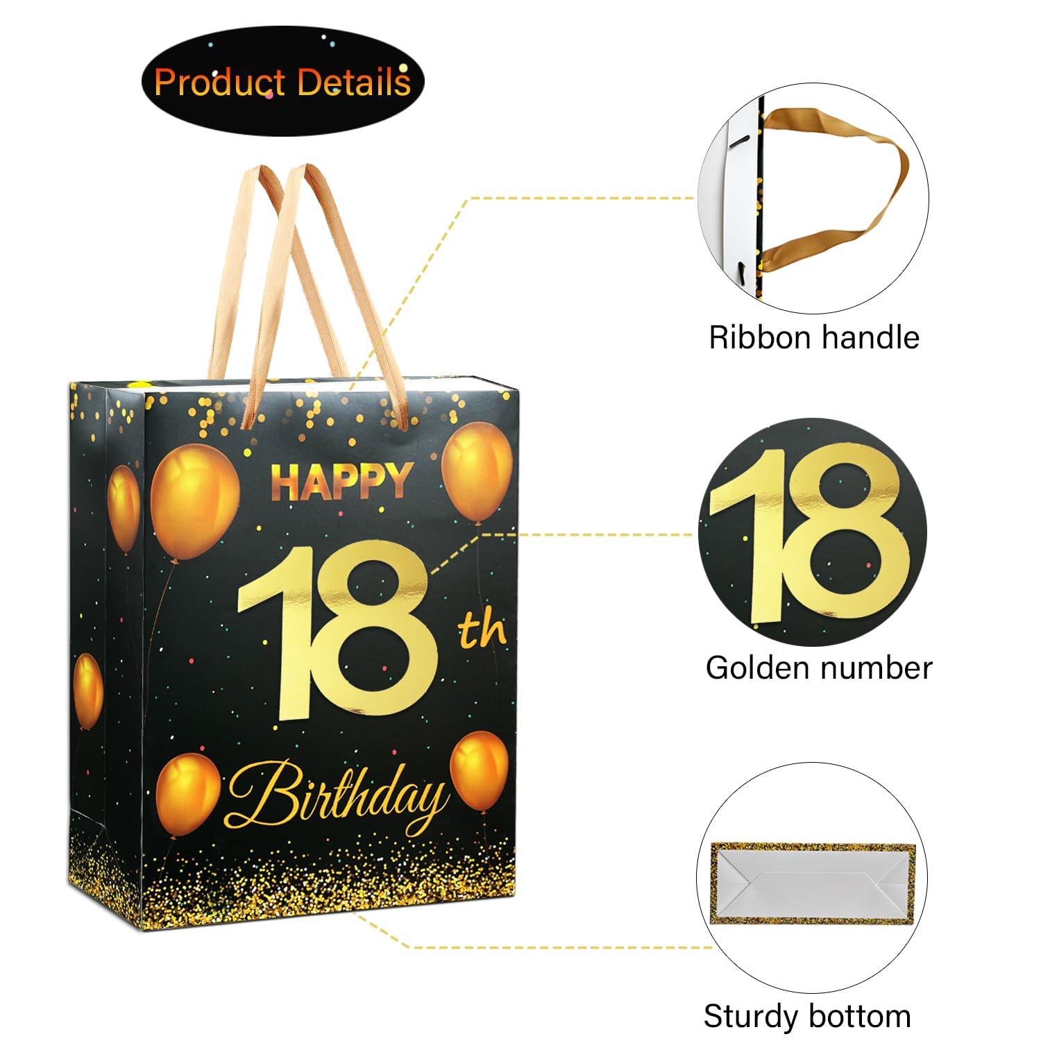 icanstand icanstand Black Gold 18th Birthday Gift Bag with Greeting Card, Envelope and Tissue Paper for Men Women, 13\" Large Gift Wrap Bag with Handles for Birthday Party Decorations Supplies (18th)