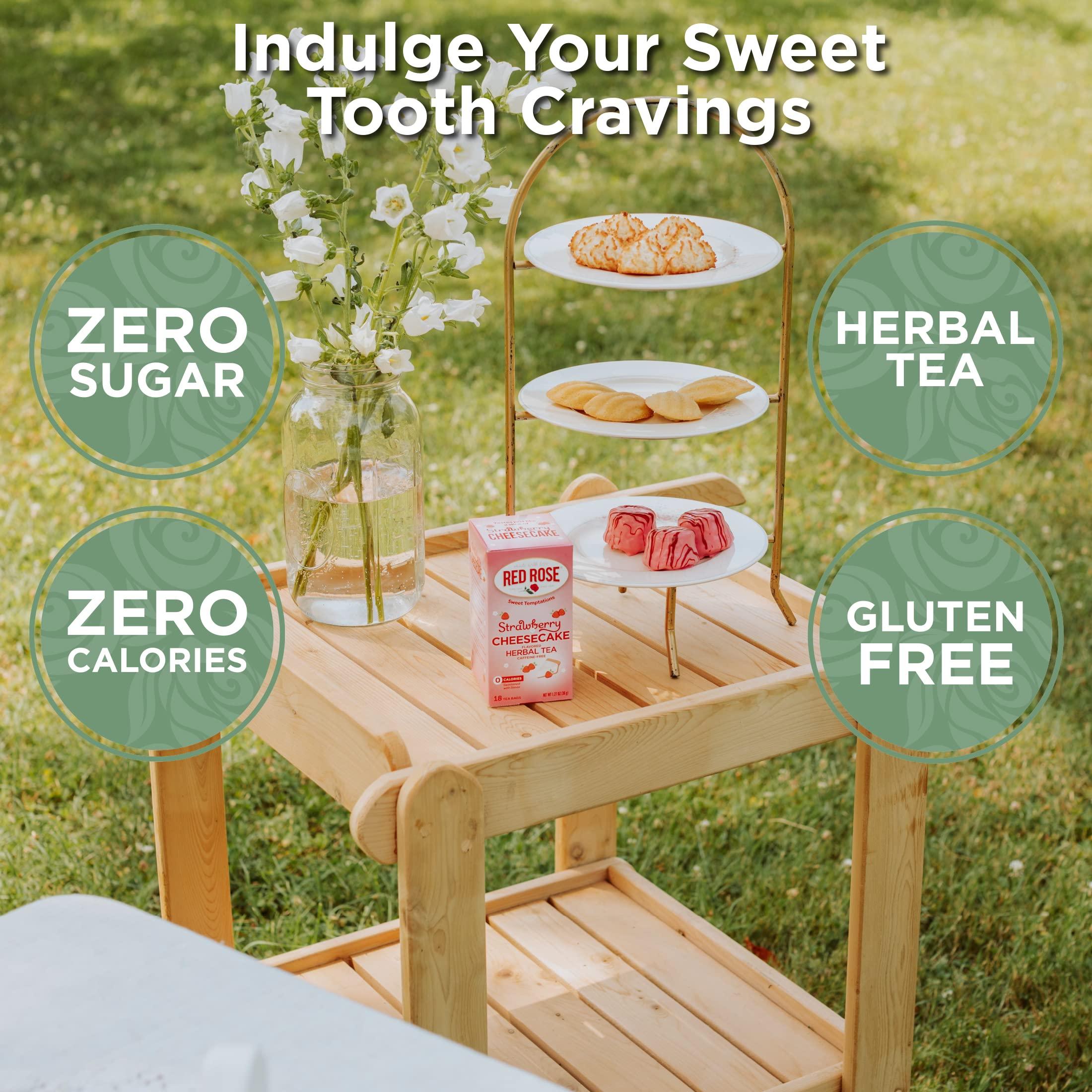 Red Rose Red Rose Sweet Temptations Dessert Tea Strawberry Cheesecake, Zero Carbs, Zero Sugar Bursting with Flavor Caffeine-Free Delicious Beverage Herbal Tea, 18 Count Pack of 2 Fruit Naturally Flavored Herbal Tea