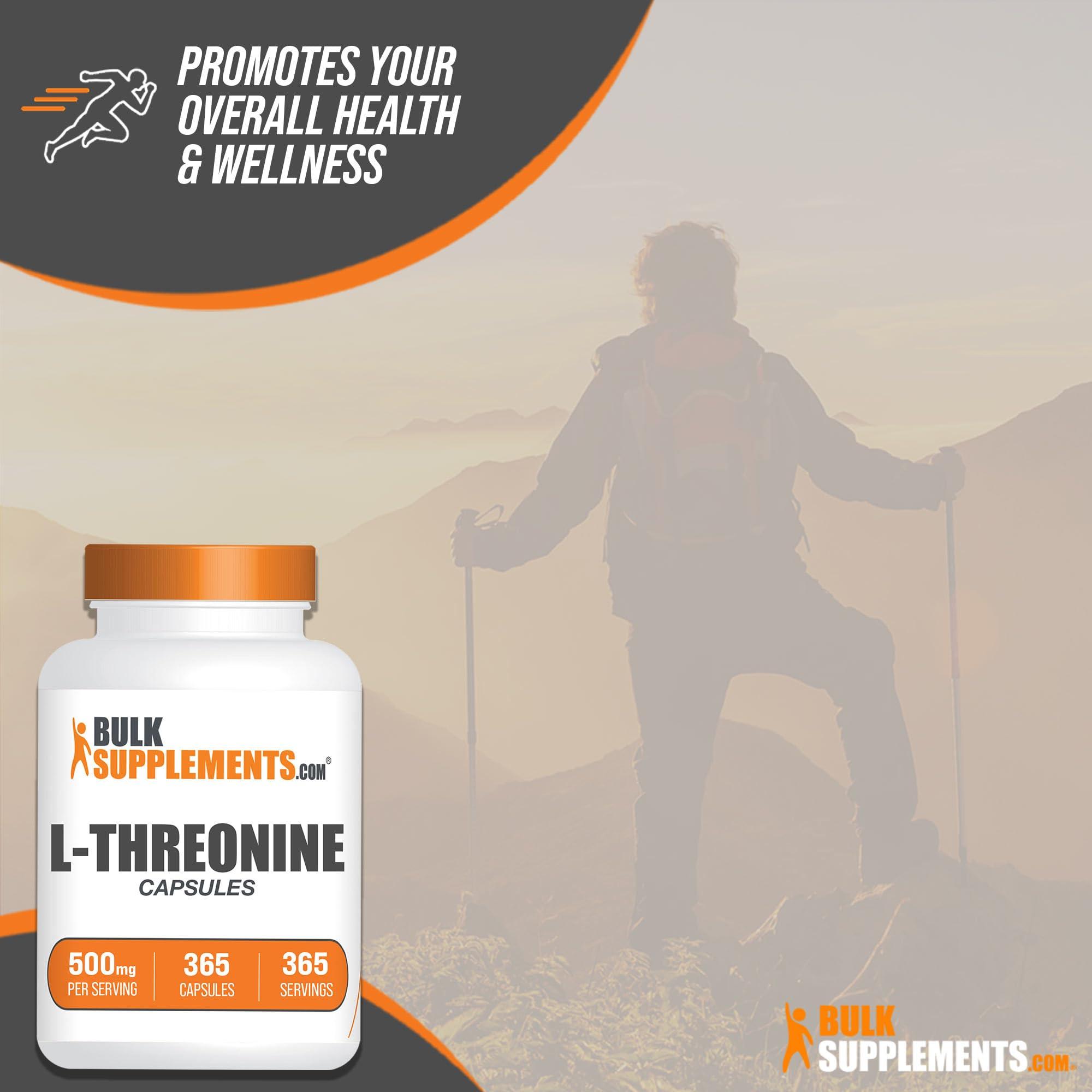 BULKSUPPLEMENTS.COM BulkSupplements.com L-Threonine Capsules - L-Threonine Supplement, Threonine 500mg - Amino Acid Supplement, Gluten Free, 1 Capsule per Serving, 365 Capsules (Pack of 1)