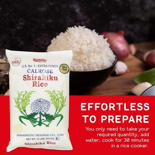 SHIRAKIKU BRAND SHIRAKIKU Calrose Rice Medium Grain White Rice - Japanese Premium quality uncooked Milled Rice | Low Calories Perfect for Authentic Asian Cuisine 15 Pound, (Pack of 1)