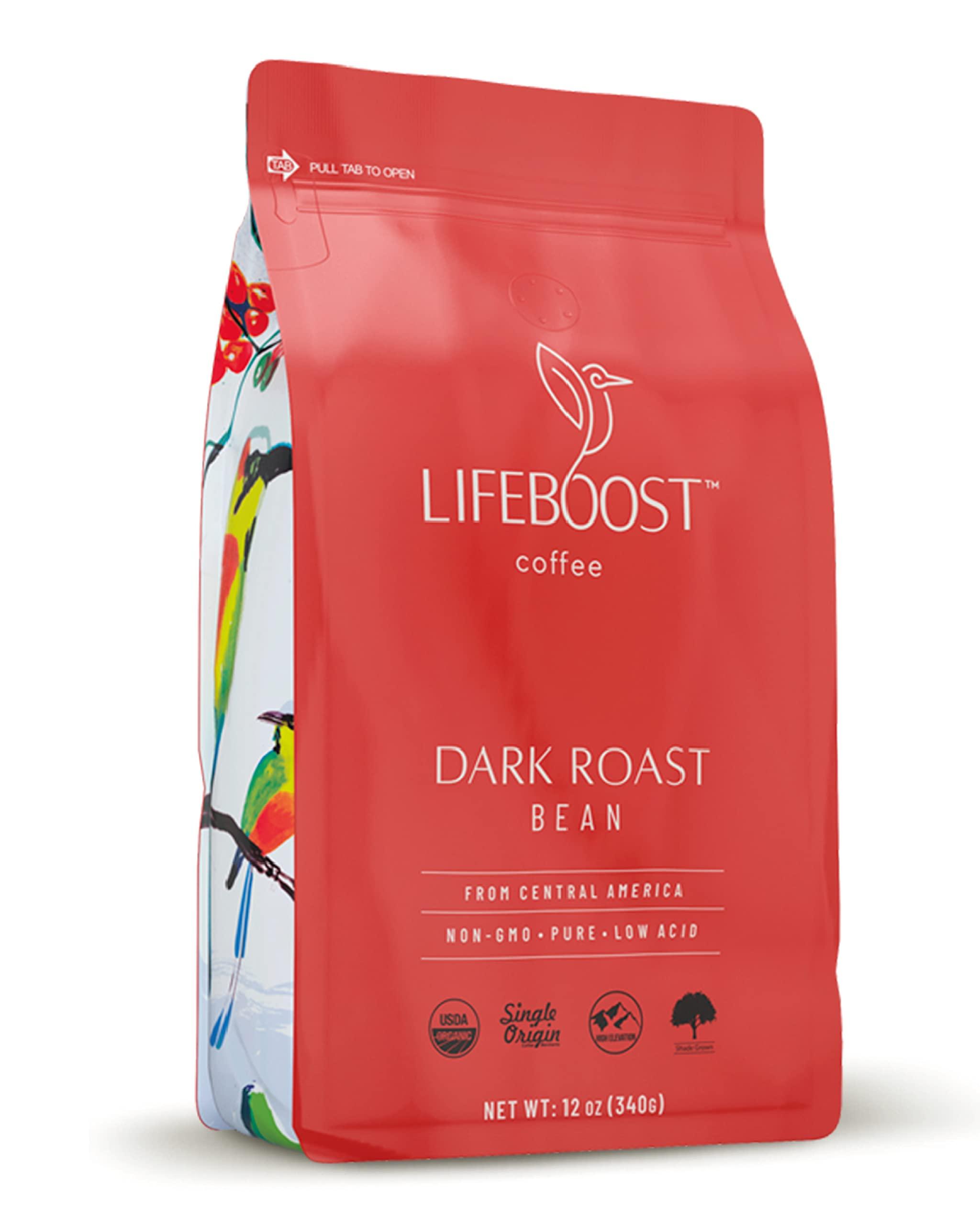 LIFEBOOST Lifeboost Coffee Dark Organic Coffee Beans - Dark Roast Low Acid Coffee Beans - Single Origin Non-GMO Organic Coffee - Third Party Tested For Mycotoxins & Pesticides - Whole Bean - 12 Ounces