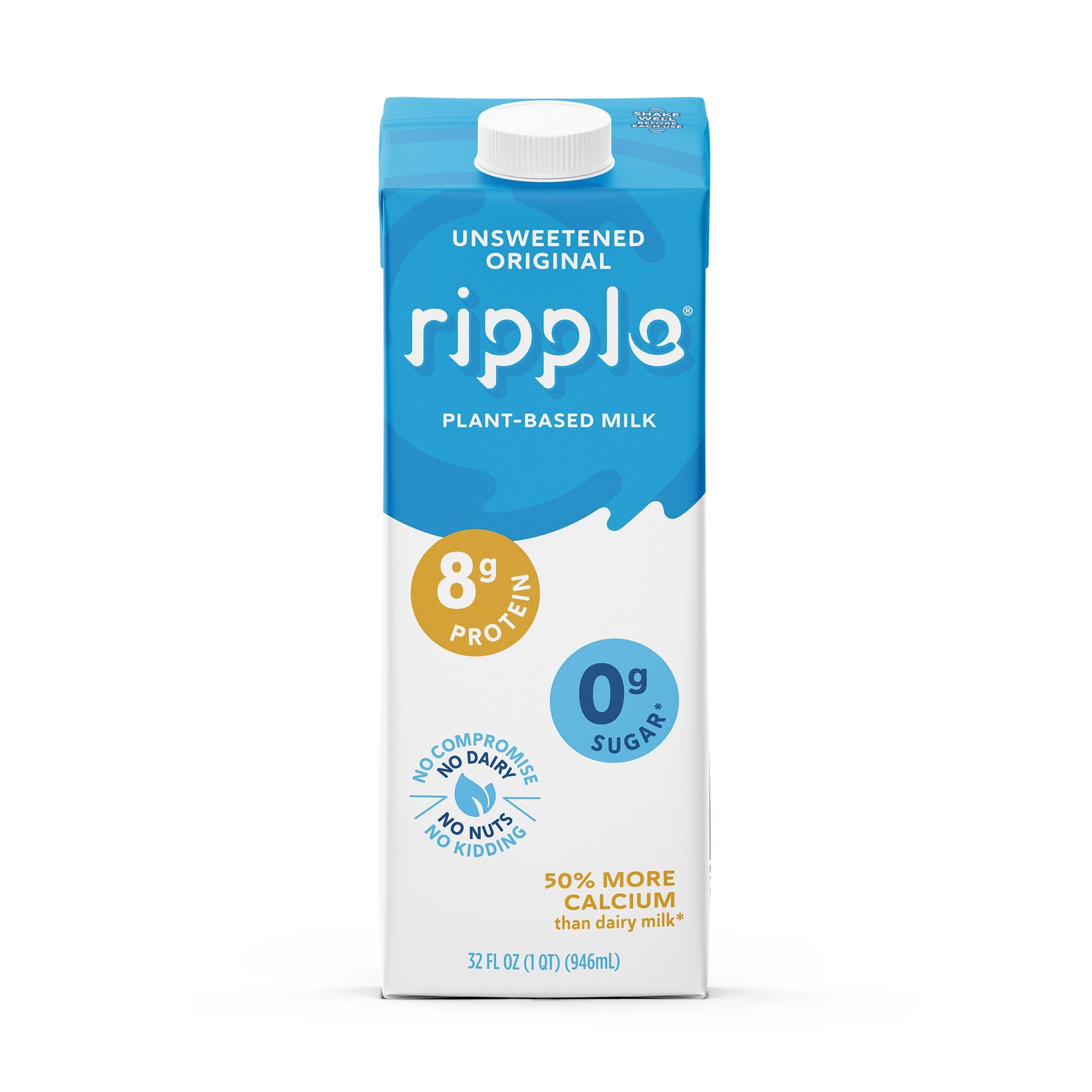 Ripple Ripple Unsweetened Original Plant Based Milk | 8g of Quality Sourced Pea Protein, Calcium Rich | Shelf Stable | Vegan, Non GMO | Dairy, Soy, Nut, & Gluten Free | 32 Fl Oz Cartons (Pack of 6)