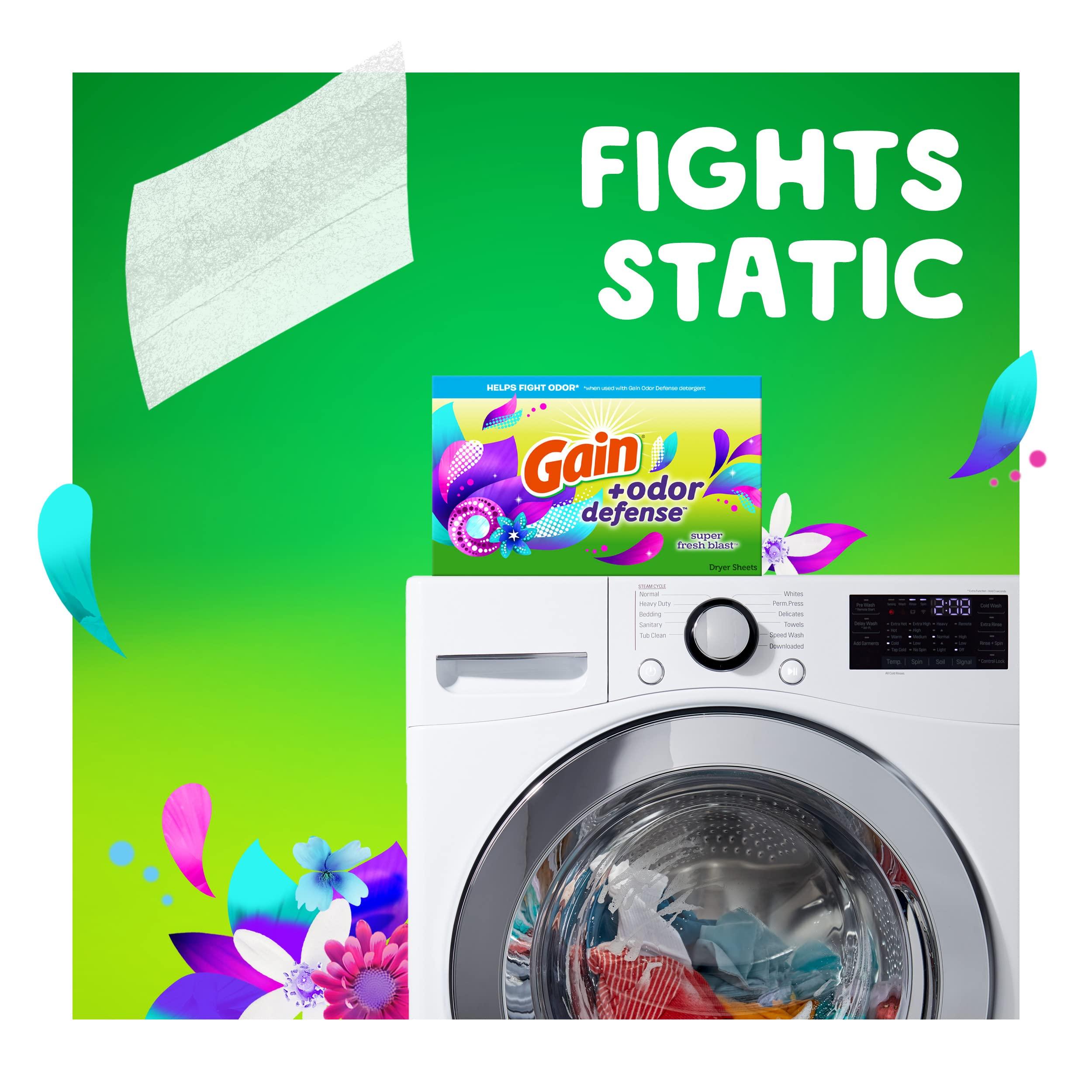 Gain Gain + Odor Defense Dryer Sheets, Super Fresh Blast Scent Fabric Softener Sheets, 240 ct (Pack of 2)