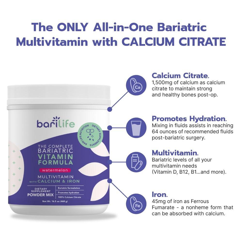 Bari Life Bari Life Complete Bariatric Multivitamin with Iron - Dietary Supplement Powder Mix, Calcium Citrate, Multivitamin, Iron - Bariatric Vitamins for Gastric Sleeve Patients (Watermelon, 60 Servings)