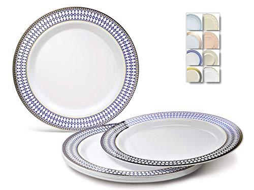OCCASIONS FINEST PLASTIC TABLEWARE " OCCASIONS " 60 Plates Pack, Heavyweight Disposable Wedding Party Plastic Plates (7.5'' Appetizer/Dessert Plate, Odyssey in White/Blue & Gold)