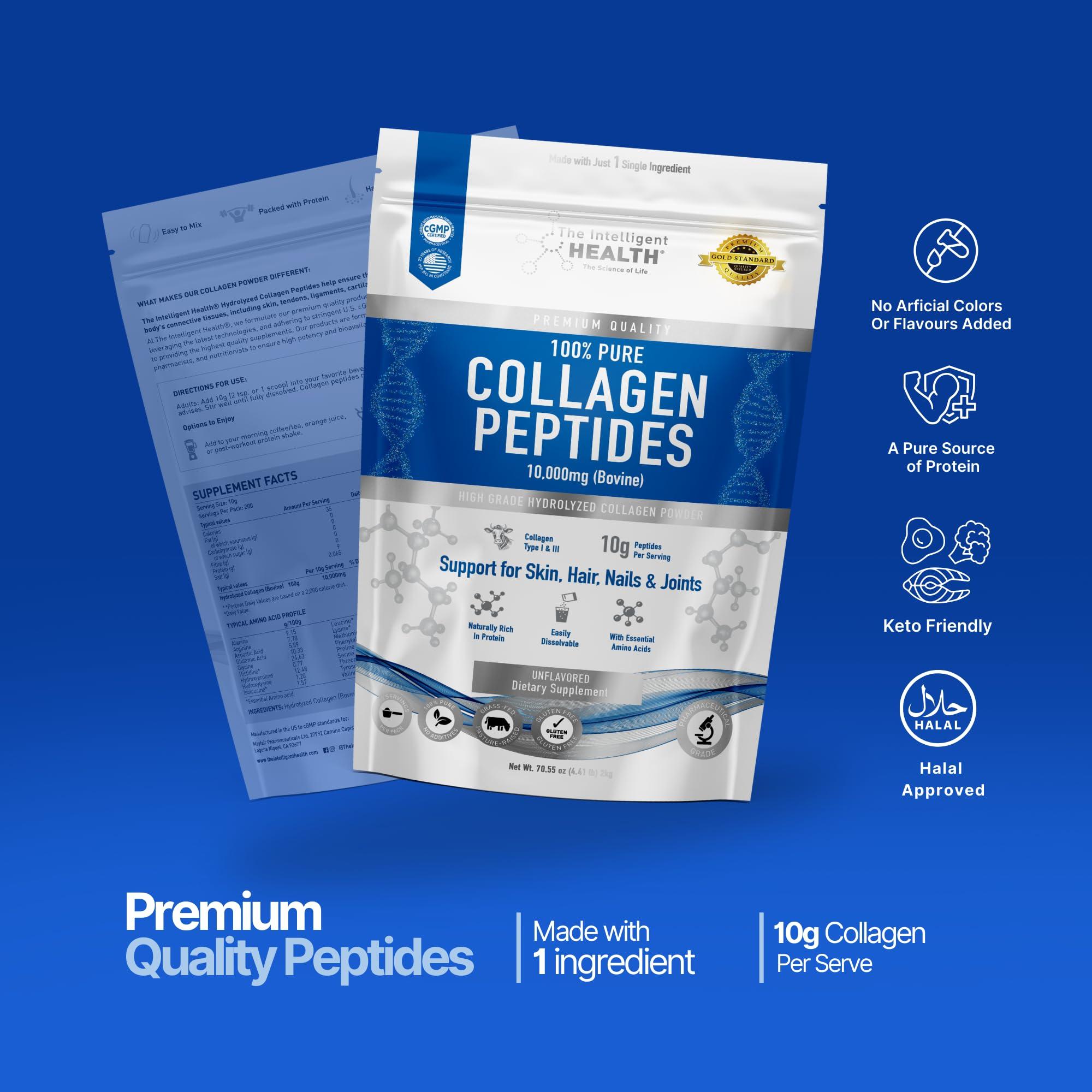 The Intelligent Health The Intelligent Health Hydrolyzed Collagen Peptides Powder, Grass Fed, High Protein, Unflavored, Gluten-Free, Paleo & Keto Friendly, 10g per Serving (2kg) Supports Skin, Hair, Nails, Joints, & Bones
