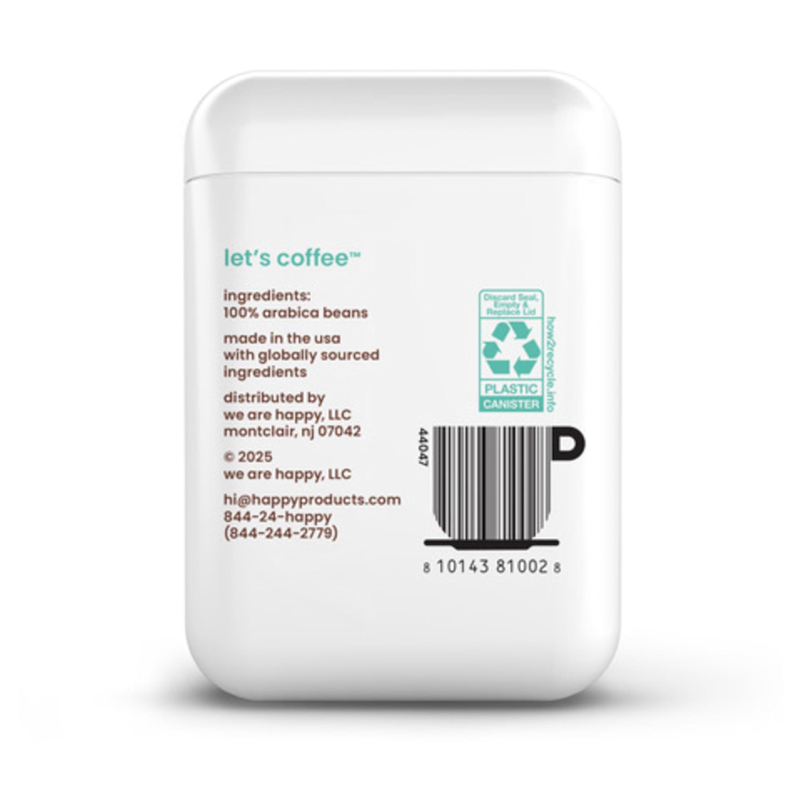We Are Happy, LLC happy coffee light roast ground coffee, 12 oz., notes of cashew & elation, recyclable container, grown & harvested in Colombia, Brazil & Guatemala