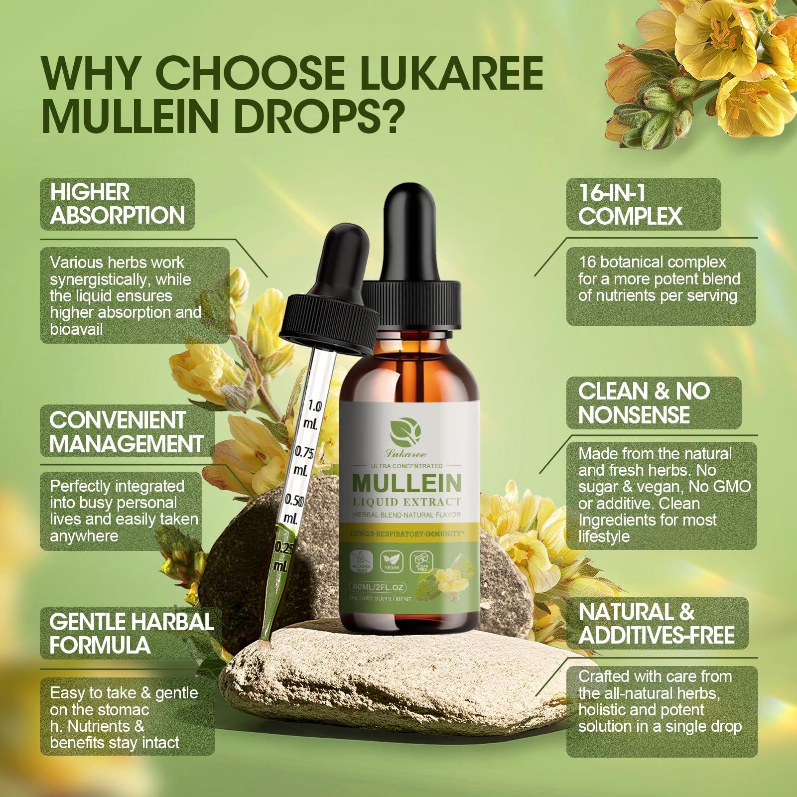 Lukaree Mullein Drops for Lungs, Lung Detox & Cleanse, Vegan Mullein Leaf Extract Tincture with Chlorophyll Elderberry, etc, Natural Herbal Supplement for Respiratory, Immune, 30 Servings