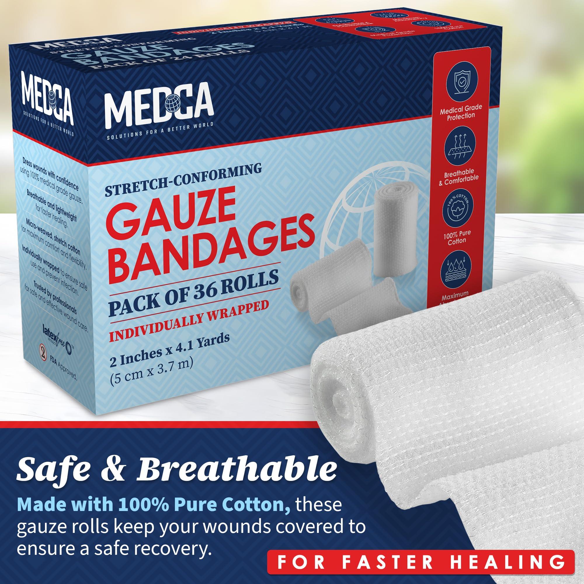 MEDca Gauze Bandage Rolls - (36 Pack) 2 in x 4.1 Yards Per Roll of Medical Grade Gauze Bandage and Stretch Bandage Wrapping for Dressing All Types of Wounds and First Aid Kit by MEDca, (2-Inch, 36 Pcs)