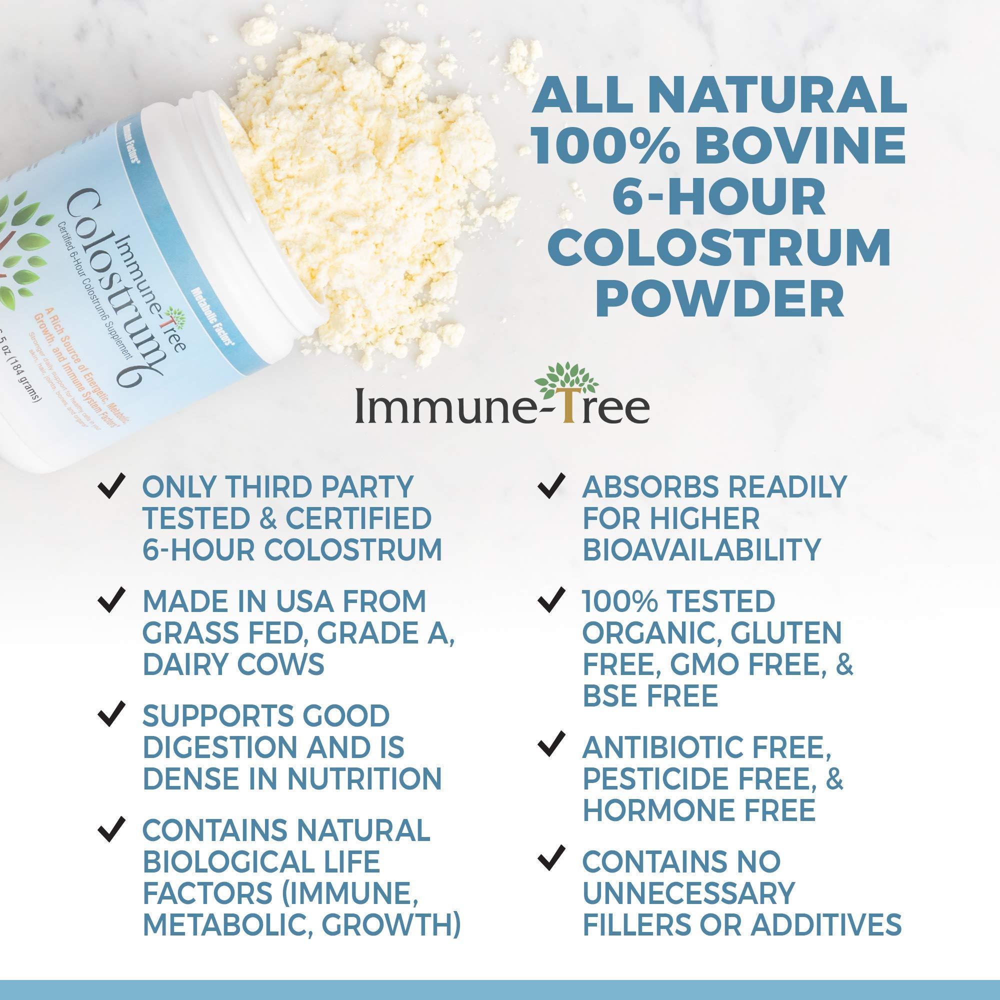 Immune Tree, Inc. Immune-Tree 100% Bovine Colostrum Powder, 120 Servings, 6.5oz, Supports Anti-Aging, Healthy Immune System, Gut & Digestion, Muscle & Tissue, & Wellness, Made in USA from Grass Fed, Grade A Dairy Cows