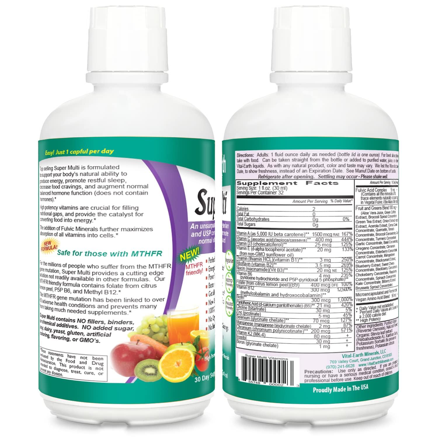 Vital Earth Minerals Vital Earth Minerals Super Multi 2-Pack  Liquid Multivitamins for Women, Men & Kids, Liquid Vitamins with Fulvic Acid for Better Absorption, MTHFR Support, 32 Oz Ea + 1 Oz Cup