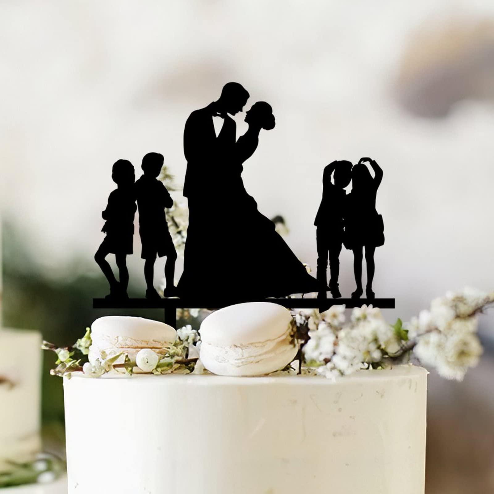 Sxaqcup Four Kids Family Bride And Groom Cake Topper with Kids, Blended Family Wedding Topper Rustic Gift Wedding Engagement Anniversary Cake Decorations Party Favors.