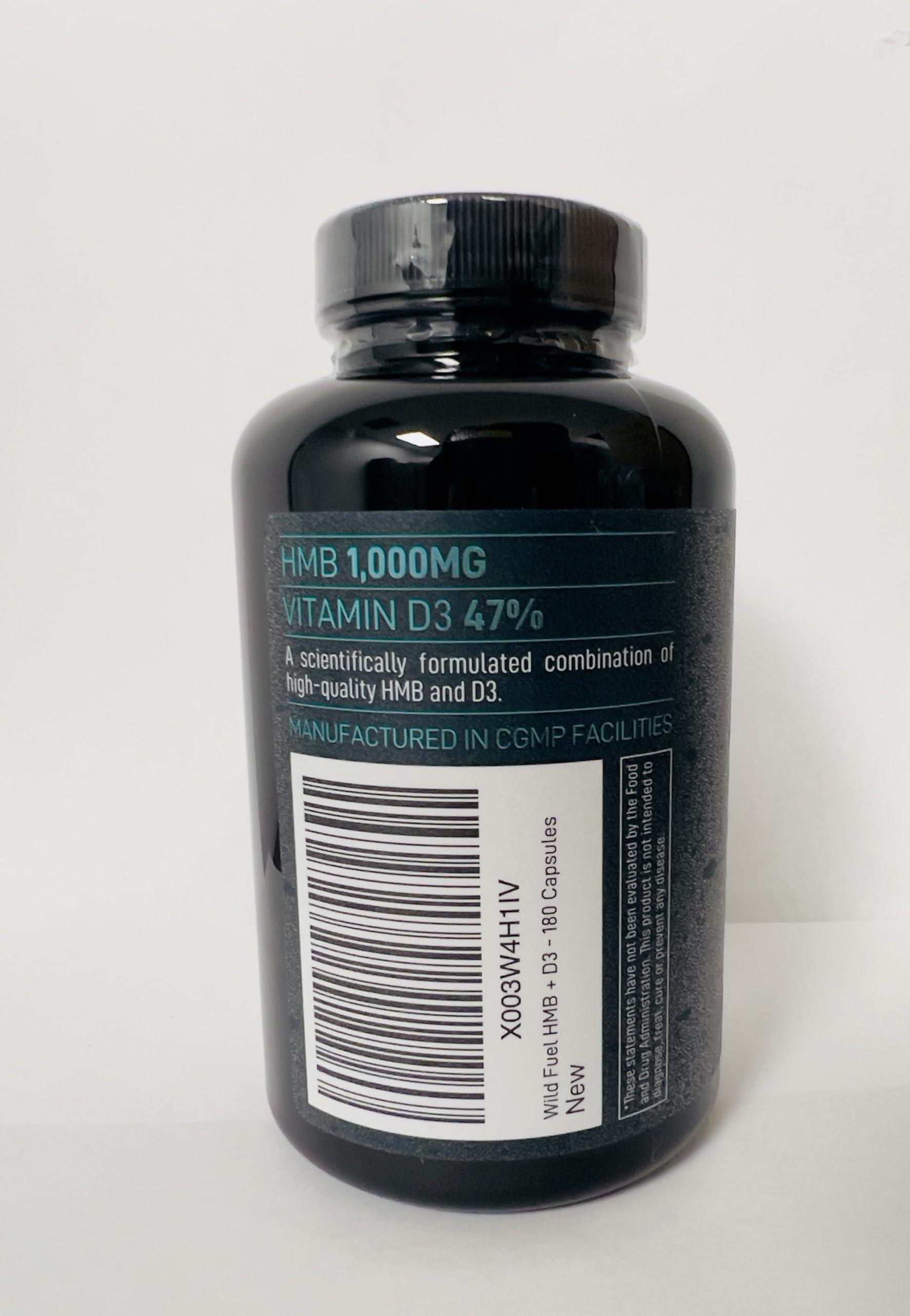 WILD FUEL HMB and Vitamin D3 Supplement Capsules - B-Hydroxy B-Methylbutyrate 1,000 MG HMB Supplements with Vitamin D3 - Muscle Growth, Strength, Performance and After Workout Muscle Recovery - 360 HMB Capsules