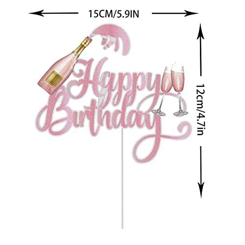 KEWEYA Champagne Happy Birthday Cake Topper Celebrating Cheers to 21 30 40 50 60 Years Theme Birthday Party Decoration Supplies Pink Rose Gold Glitter Beers Wine Glass Cake Decor for Men Women