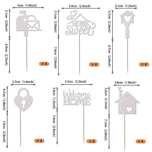 YCTHUNFISH 24 Pack Sweet Home Cupcake Toppers Glitter Key Lock Housewarming Cupcake Picks New Home Theme Party Welcome New House Party Cake Decorations Supplies Silver