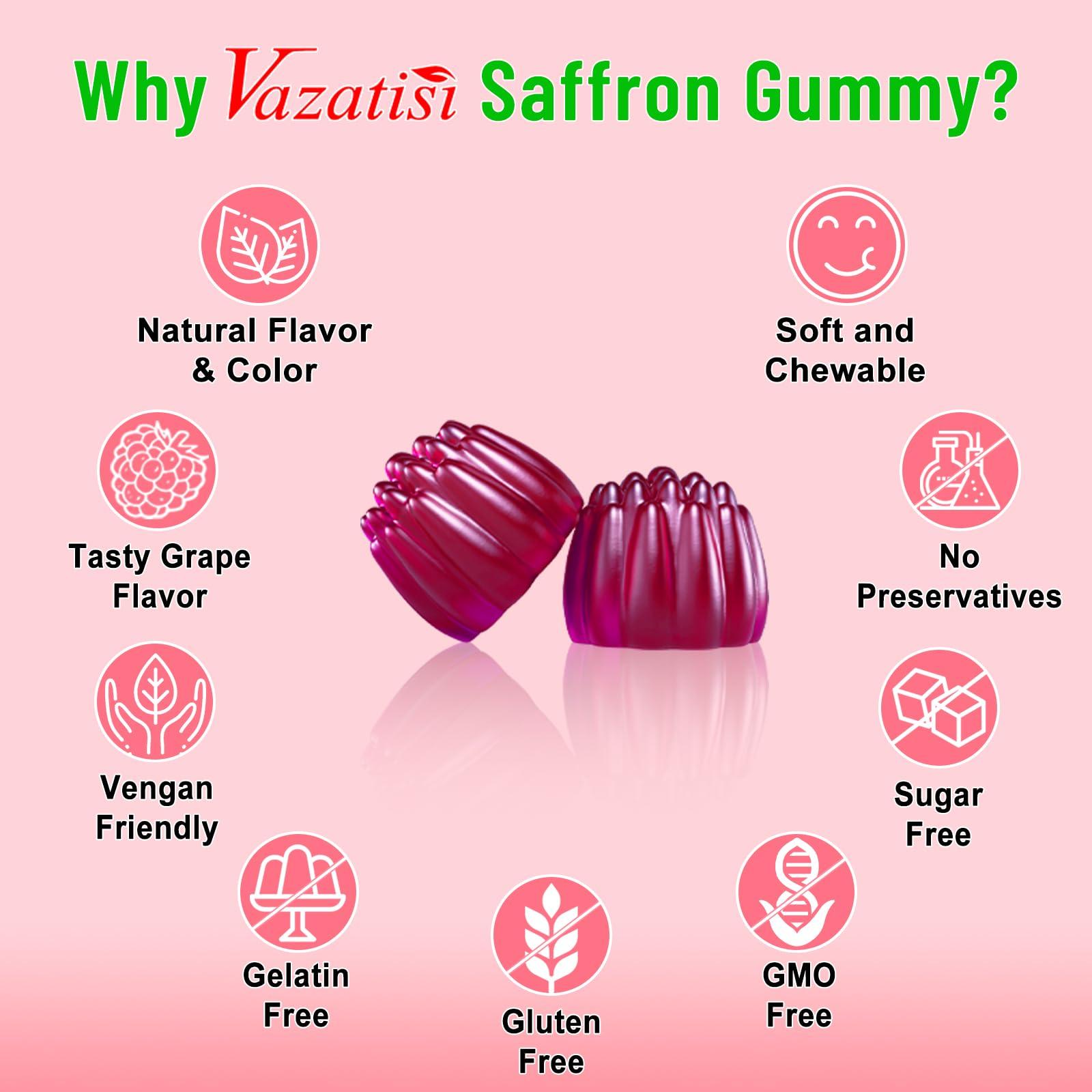 Vazatisi Natural Saffron Gummies - Sugar Free Saffron Supplement with Saffron Extract 100 mg, Magnesium, GABA, Rhodiola - Mood | Focus | Vision | Energy Support - NonGMO Vegan - 120 Gummies, 2 Month Supply