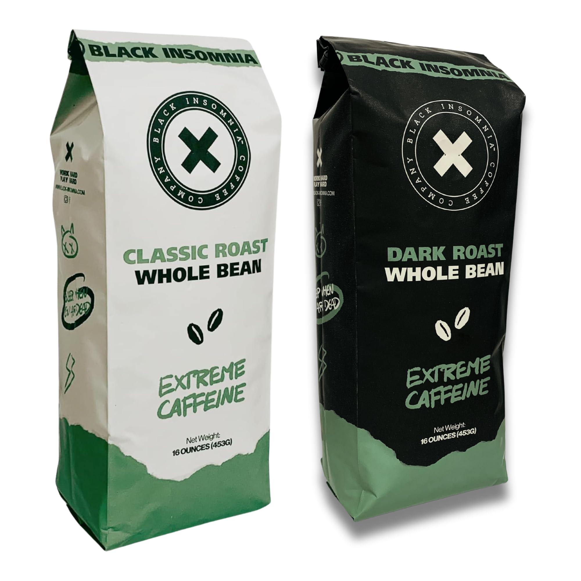 BLACK INSOMNIA COFFEE COMPANY X Black Insomnia Coffee - Extreme Caffeine - The Strongest Highly Caffeinated Coffee in the World - 1lb (Variety Pack - Whole Bean, 2 Pounds)