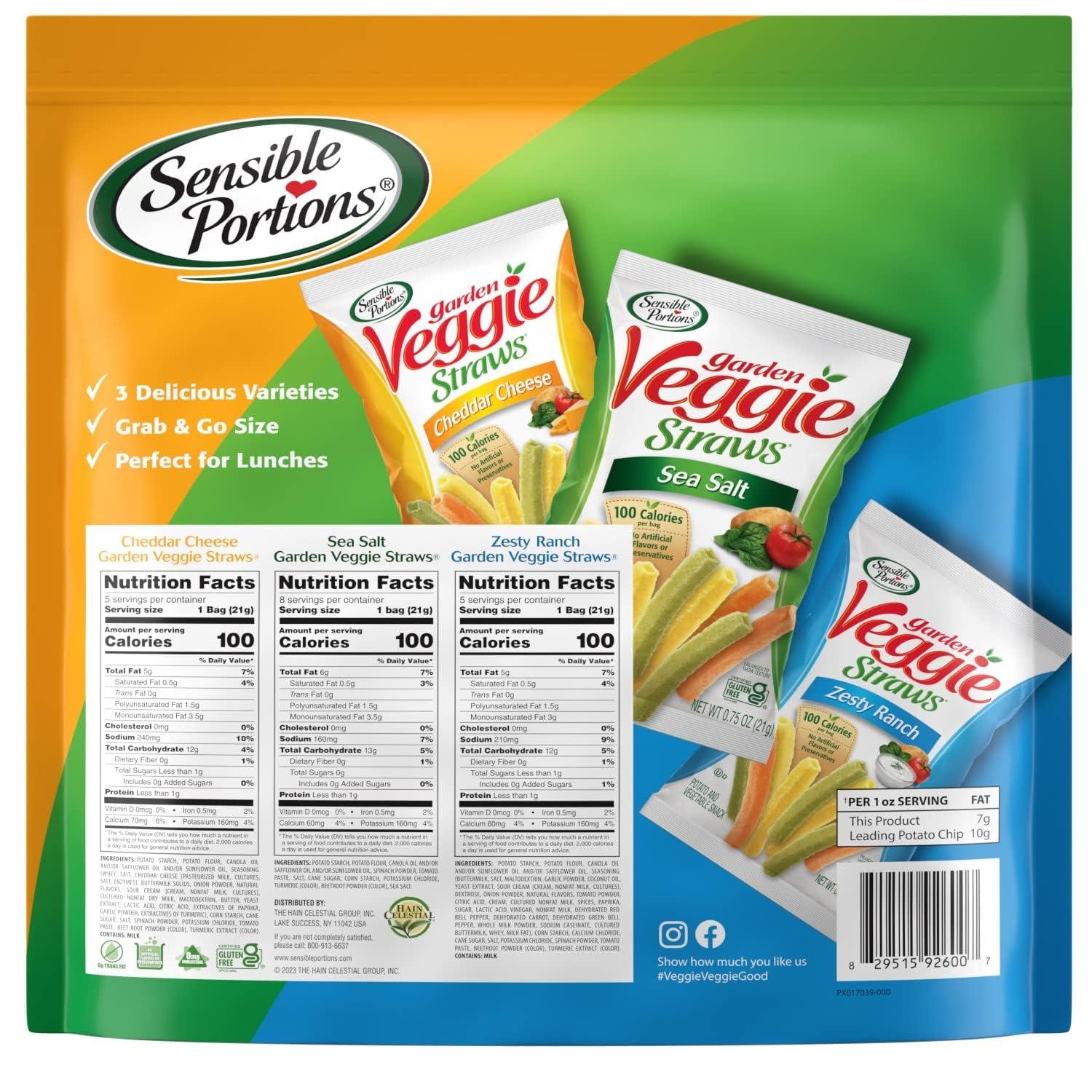 Maryse\'s Place Sensible Portions Veggie Straws Variety Pack, 24 Count, 1 oz Bags, Sea Salt, Zesty Ranch, Cheddar Cheese Flavors- Healthy Snack For Everyone - Gluten Free