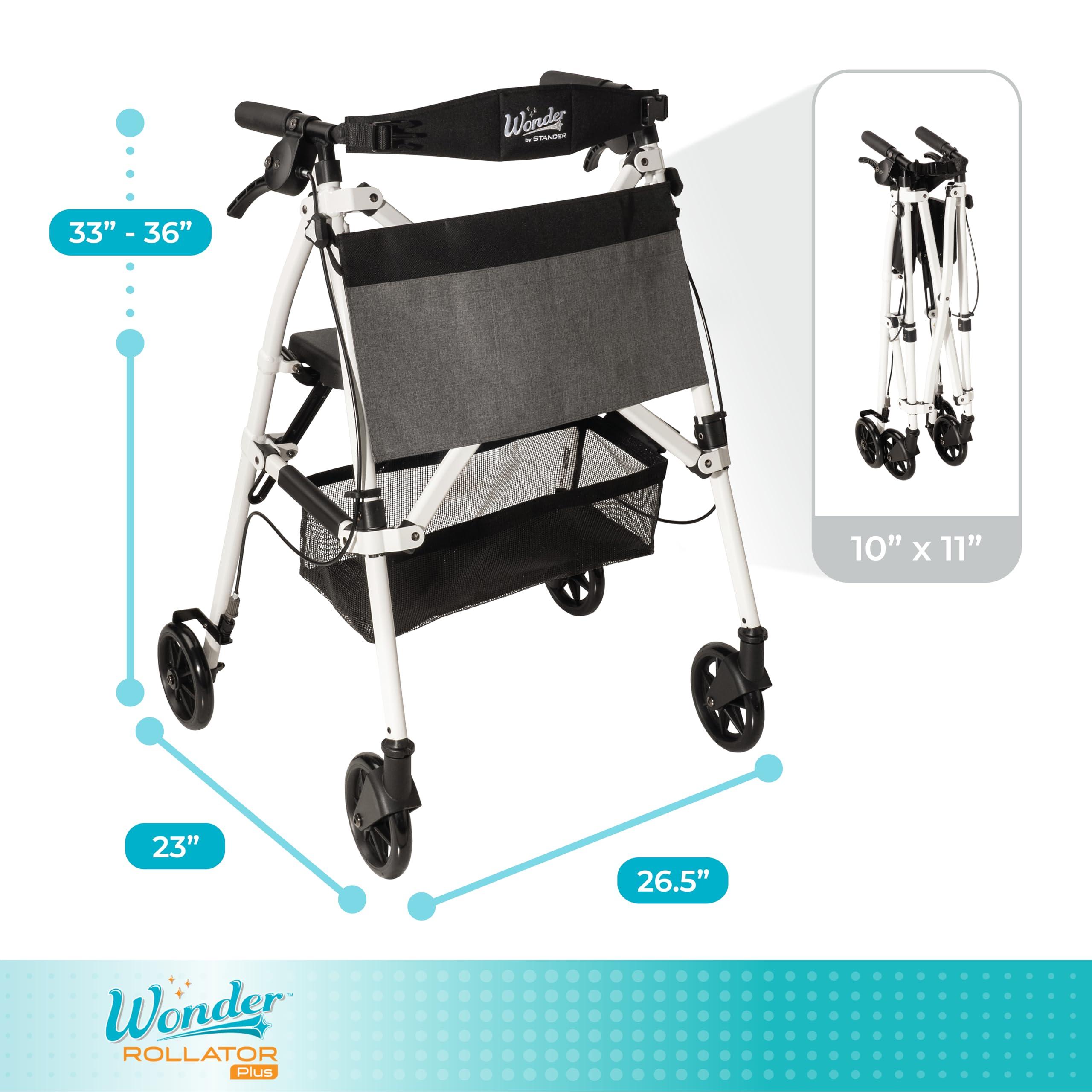 Stander Stander Wonder Rollator Plus, Lightweight Folding Mobility Rolling-Walker, EZ Fold-N-Go-Rollator for Seniors and Adults, 6-inch Wheels, Locking Brakes and Padded Seat with Backrest, Vivid White