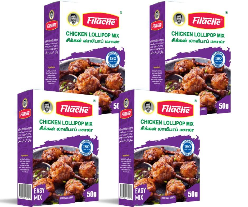 Filache Filache Chicken Lollipop Recipe Mix (per pack 50g) (1.76 oz) - Authentic Gourmet Spice Powder for Chicken Lollipop - No MSG Added, Vegan, Non-GMO, Gluten Free (Pack 0f 4)