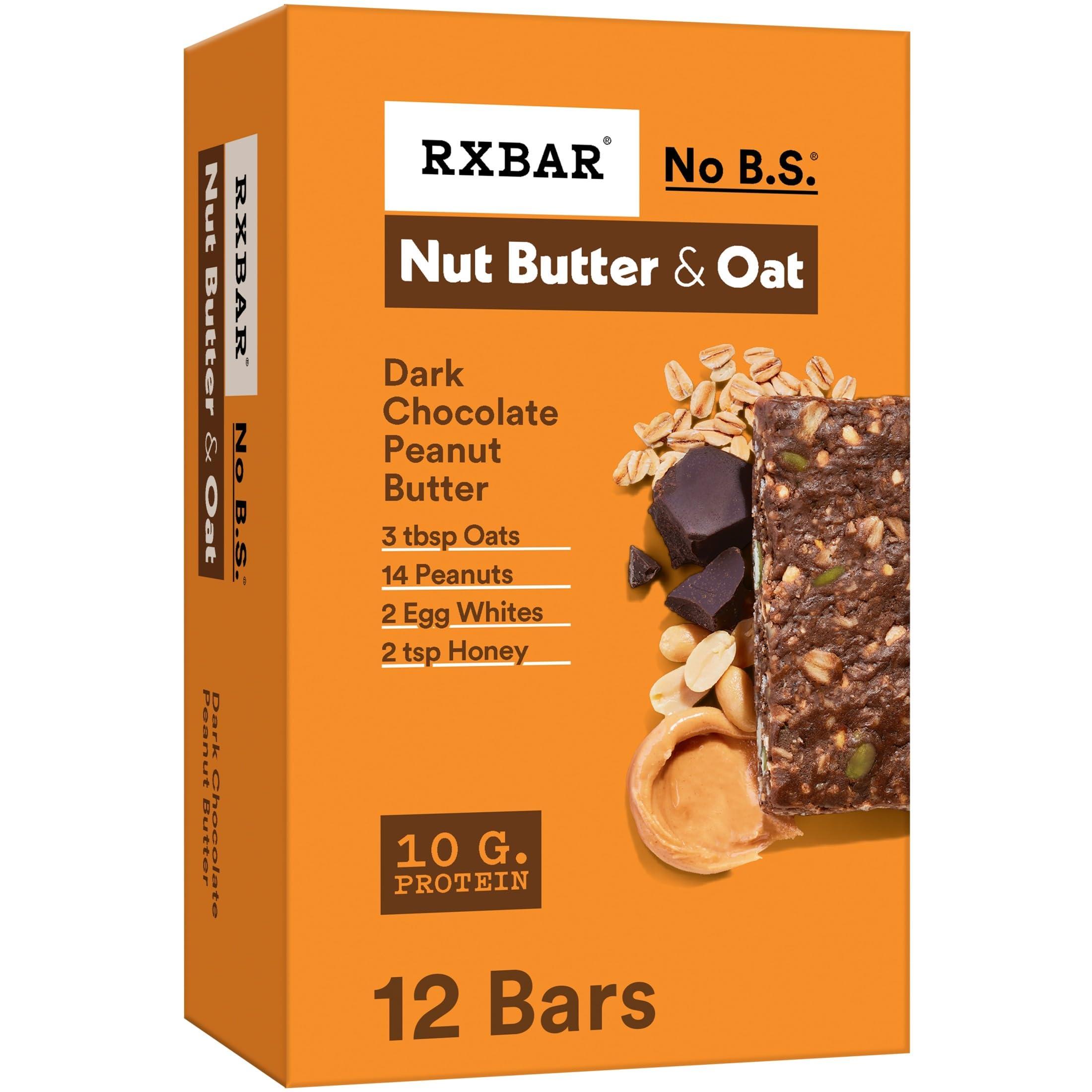RXBAR RXBAR Nut Butter and Oat Protein Bars, Protein Snacks, Snack Bars, Dark Chocolate Peanut Butter, 23.2oz Box (12 Bars)