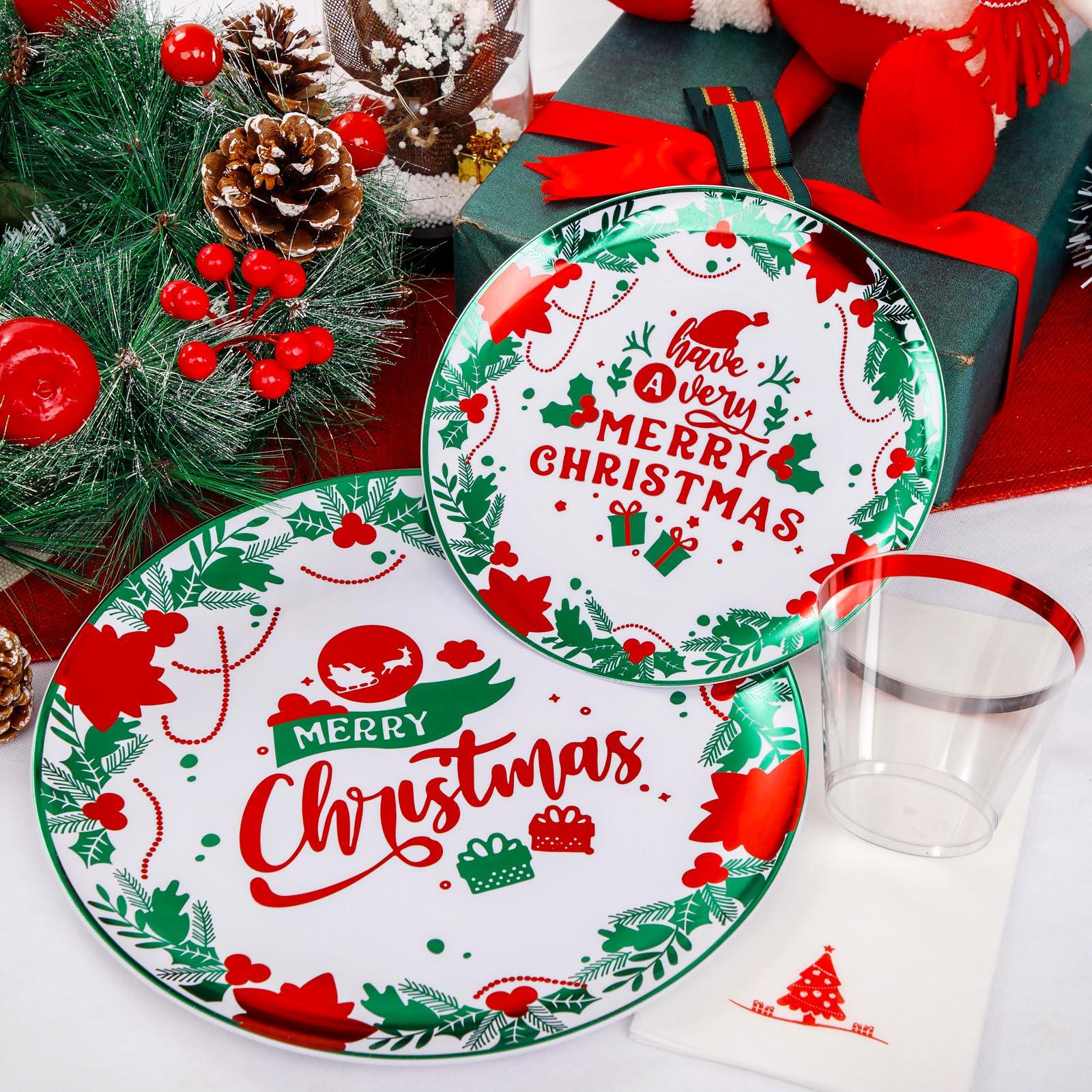 Liacere 175PCS Christmas plastic plates-White and Green Plates&Christmas Party Plates include 50 Christmas Plates 25 Cups 75 Plastic cutlery 25 Christmas Tree Napkins for Christmas