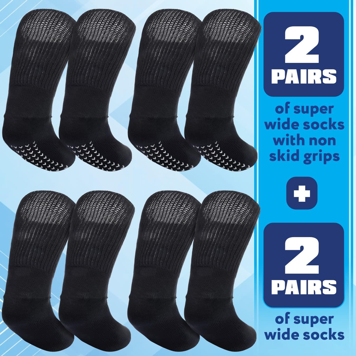 IMPRESA IMPRESA [4 Pairs Extra Width Socks for Lymphedema - Bariatric - Oversized Stretches up to 30\'\' Over Calf for Swollen Feet - One Size Unisex Black 2 Pairs Regular and 2 Pairs With Non Skid Grips