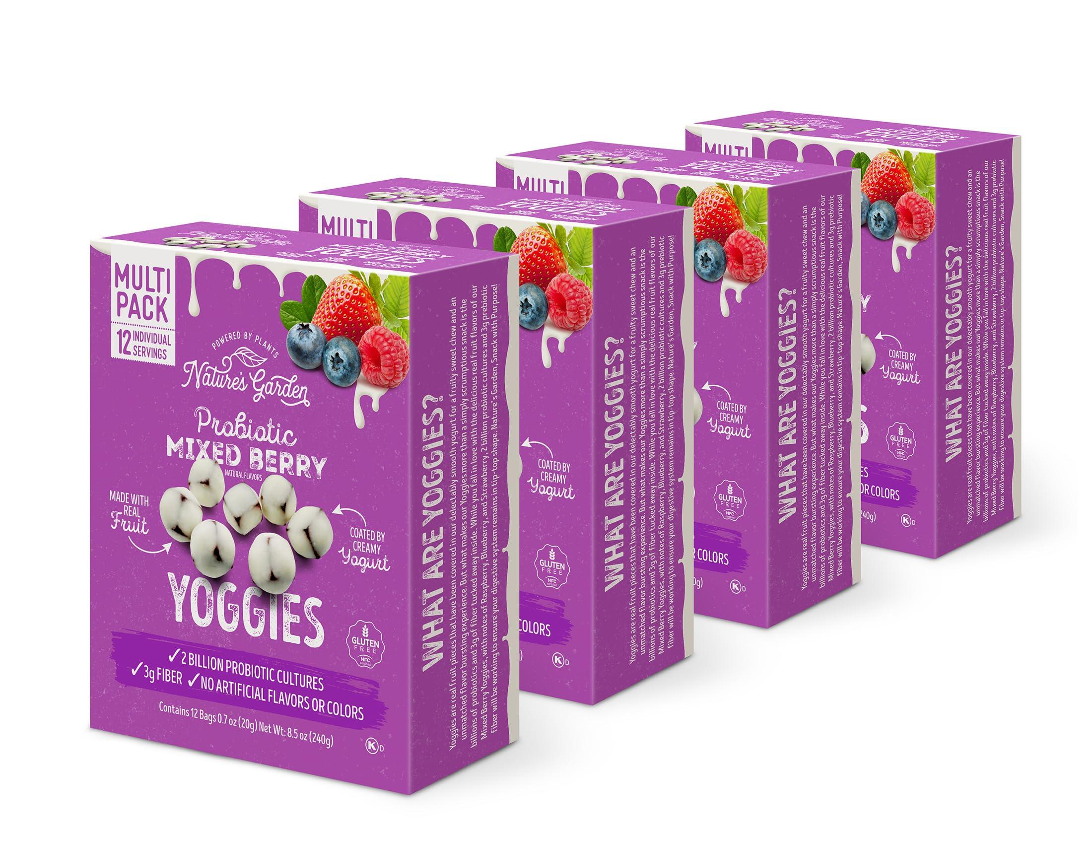 Nature\'s Garden Nature\'s Garden Probiotic Mixed Berry Yoggies 12 x 0.7oz (Pack of 4) Yogurt Covered Fruit Snacks, High Fiber, Real Fruit Pieces, Office Snack Variety Packs For Adults, No Artificial Ingredients, Gluten Free