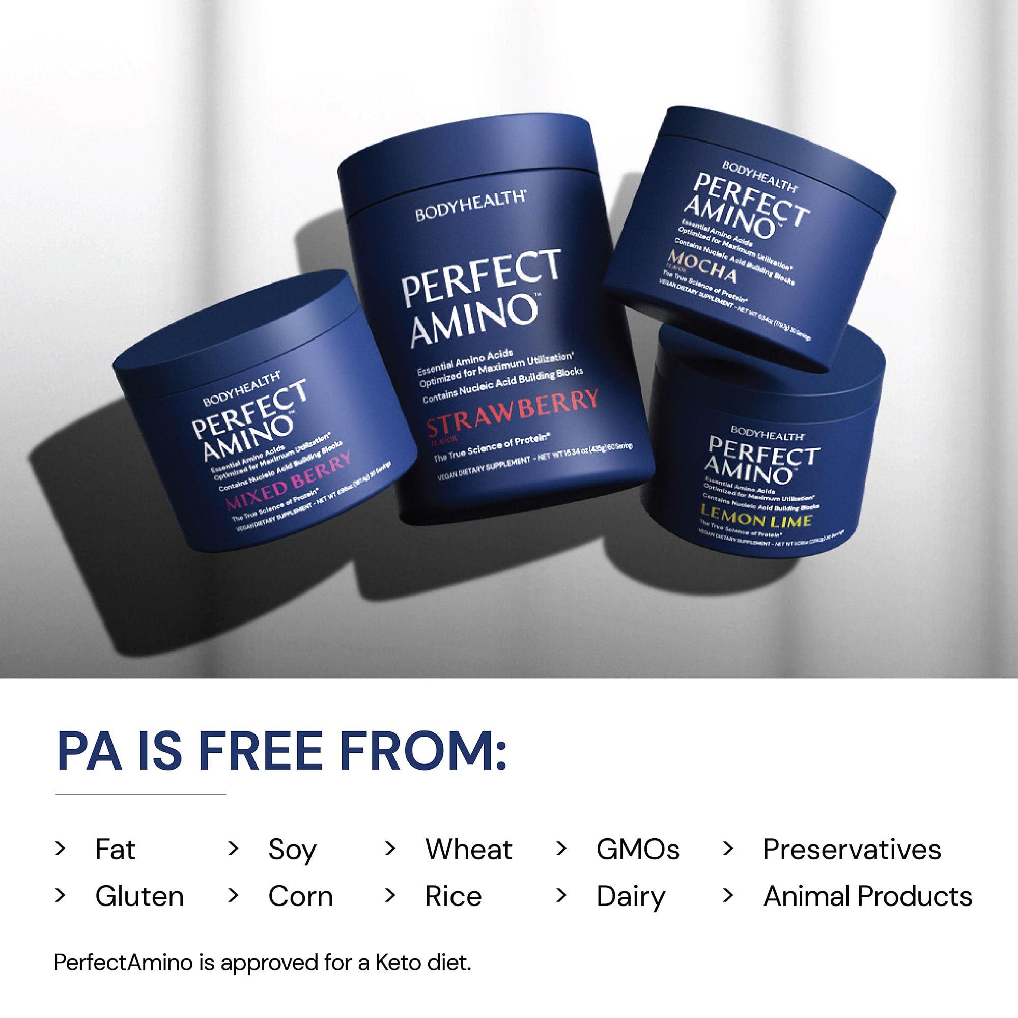 BodyHealth BodyHealth PerfectAmino Powder - BCAA and EAA Powder for Pre and Post Workout - Amino Acid Energy Drink Powder for Men and Women to Support Lean Muscle and Recovery - Strawberry - 30 Servings