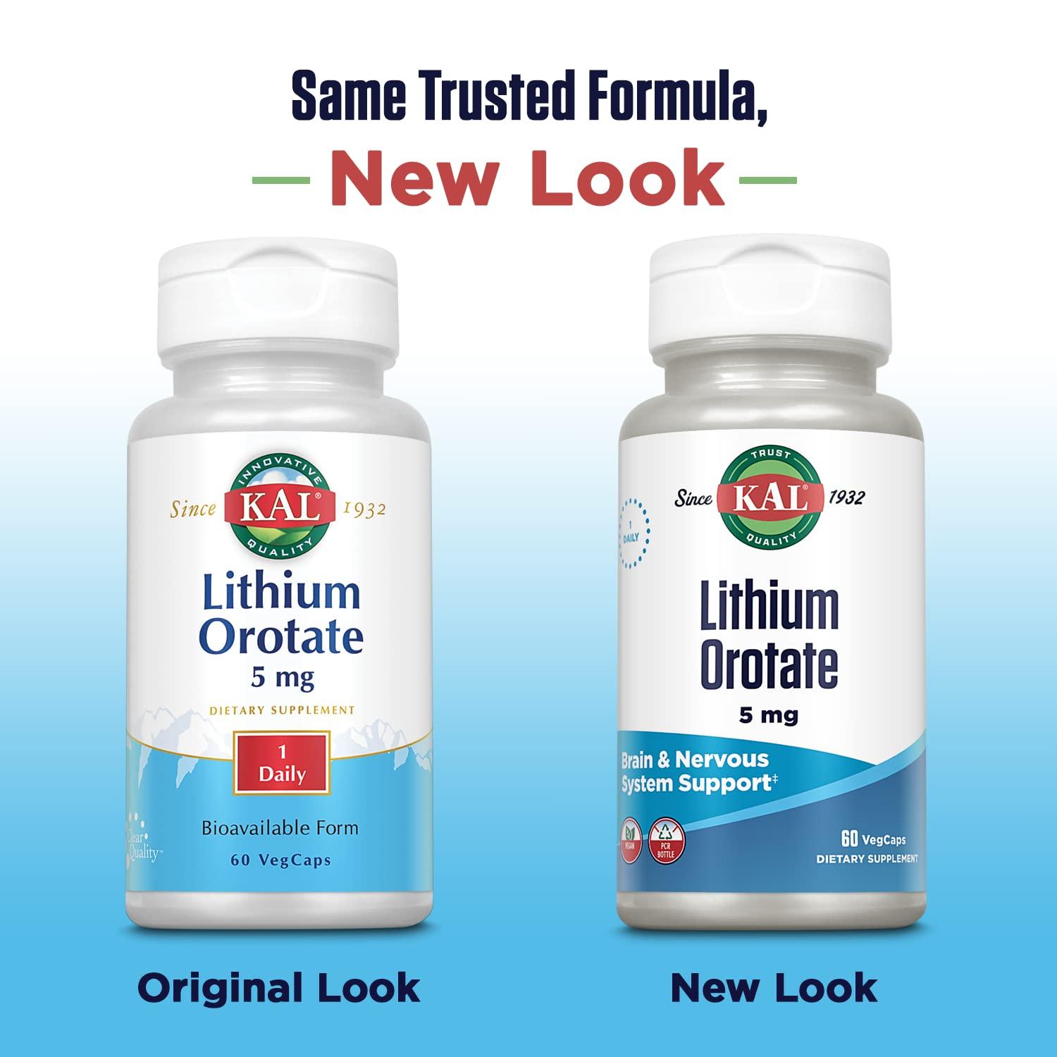 KAL KAL Lithium Orotate 5mg | Low Serving of Chelated Lithium Orotate for Bioavailability & Mood Support | in Organic Rice Bran Extract Base | 60 VegCaps