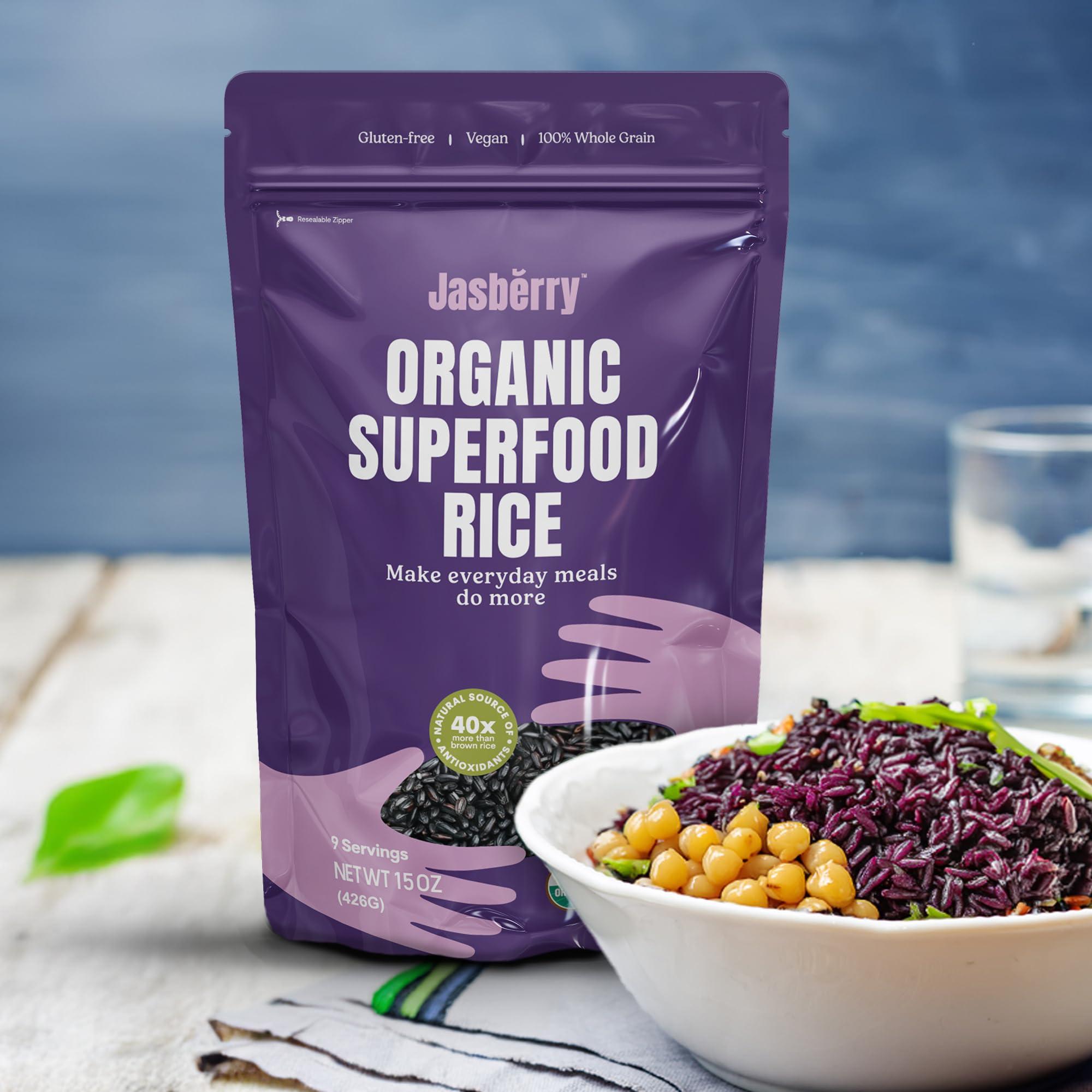 Jasberry Jasberry - Organic Superfood Rice, Soft & Aromatic Whole Grain Purple Rice, High in Antioxidants, Non-GMO, Gluten-free, Easy to cook, Versatile USDA Certified Organic, Vegan (15 Oz Resealable Zip Bag)