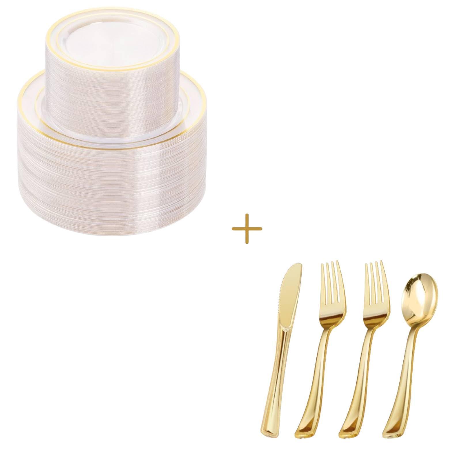BESTVIP BESTVIP 600PCS Clear Gold Plastic Plates and Gold Silverware for 100 Guests, Gold Disposable Utensils, Clear Gold Plastic Plates for Party, Wedding and Dinner
