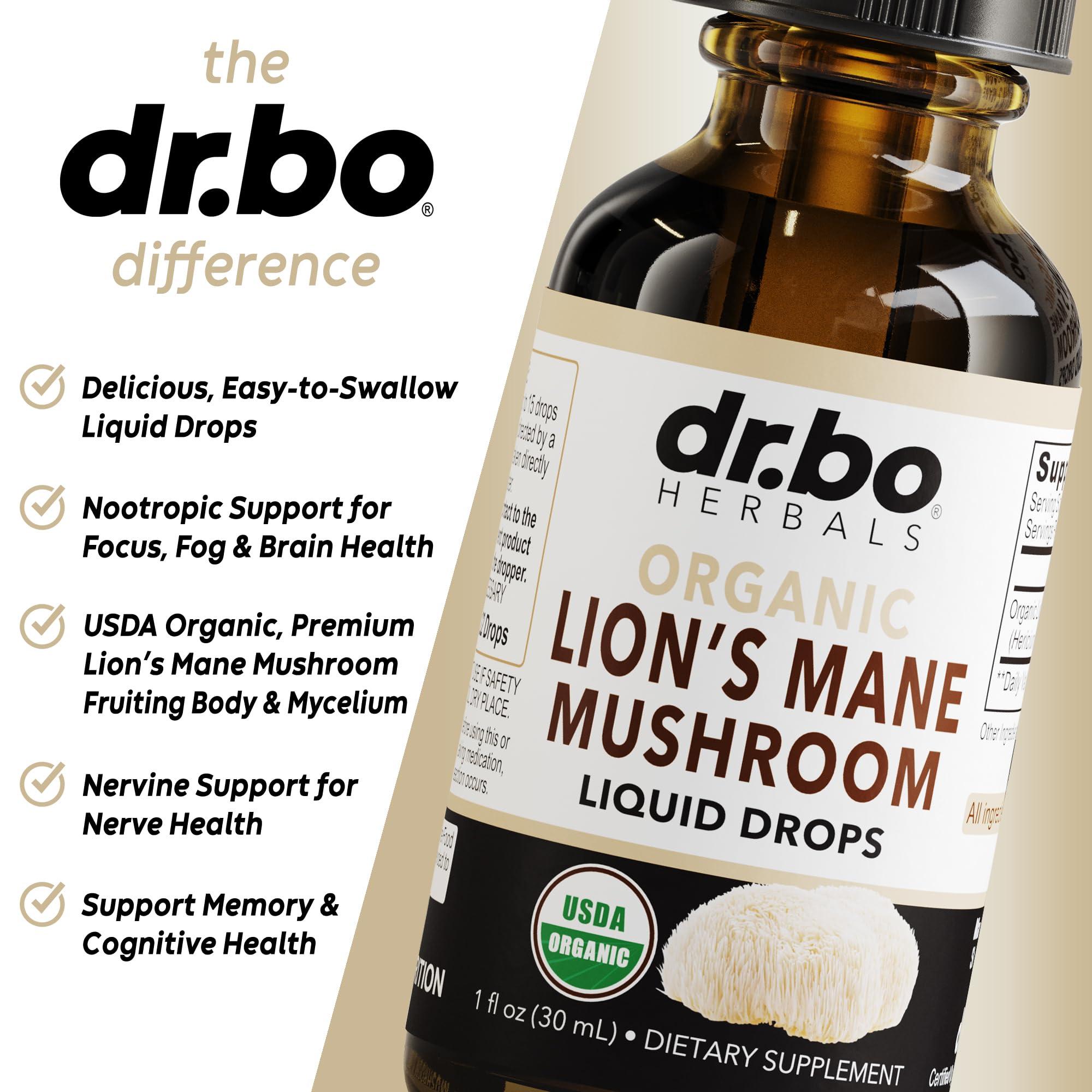 DR. BO Lions Mane Mushroom Supplement Drops - Organic Lion\'s Mane Mushroom Liquid Tincture for Focus, Fog Brain Health Supplements - Vegan Herbal Nervine Nootropic Organic Lions Liquid Supplement Extract 1oz