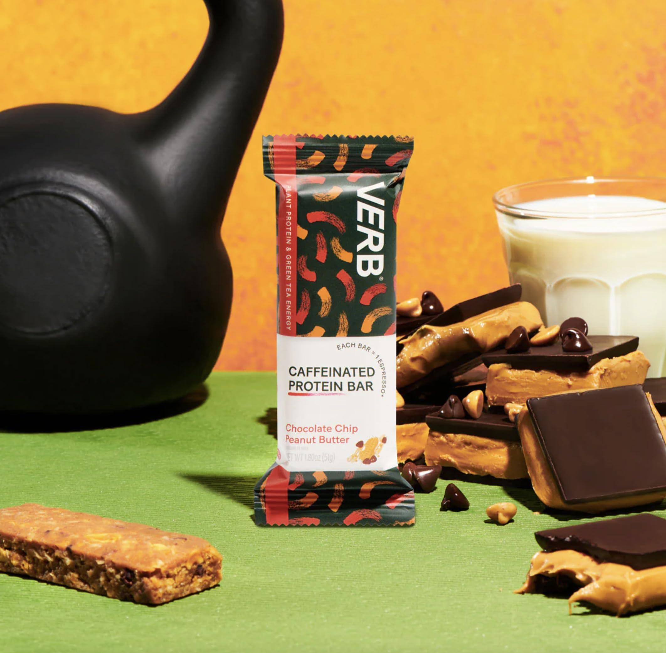 Verb Caffeinated Energy Bar Verb Energy - Chocolate Chip Peanut Butter Caffeinated Protein Bars - 190-Calorie 6g Sugar 10g Protein Bar - Vegan Snacks - Gluten Free Breakfast Bars with Organic Green Tea, 49g (Pack of 12)