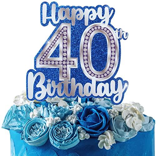 HEYUWING Happy 40th Birthday Cake Topper Crystal Rhinestones Theme Decor Supplies Woman Man Happy Birthday Party Decorations Blue Glitter