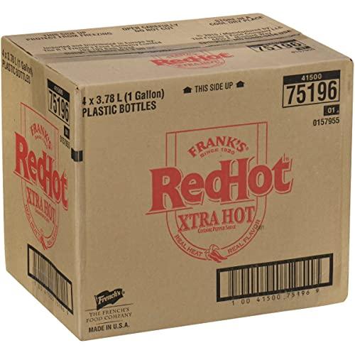Frank's RedHot Frank's RedHot Xtra Hot Cayenne Pepper Hot Sauce, 1 gal (Pack of 4) - Four Gallon Containers of Extra Hot Cayenne Pepper Hot Sauce with 3x the Heat, Best for Wings, Pizza, Sides, Snacks, Bar Bites and