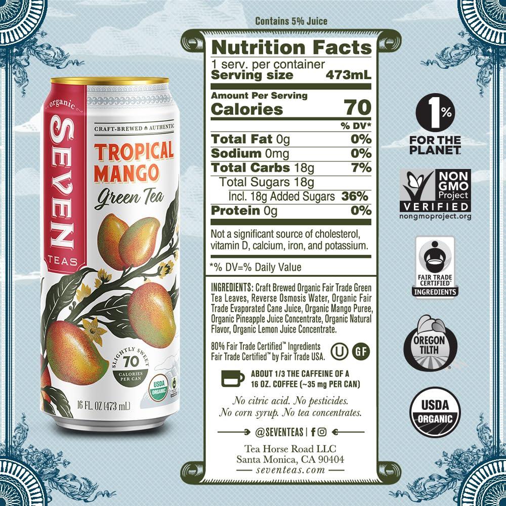 SevenTeas SevenTeas Tropical Mango Green Tea, 16 OZ (Pack of 12 Cans), Organic Iced Tea