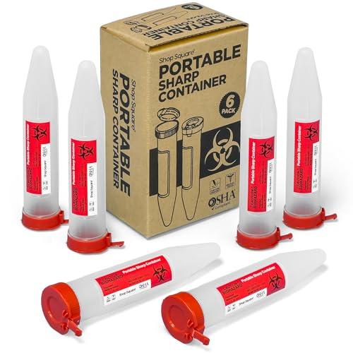 Shop Square Small Sharps Containers, Travel Sharps Container, Transportable Sharps Container with Locking Mechanism, Professional Grade Mini Sharps Container - 6 Count