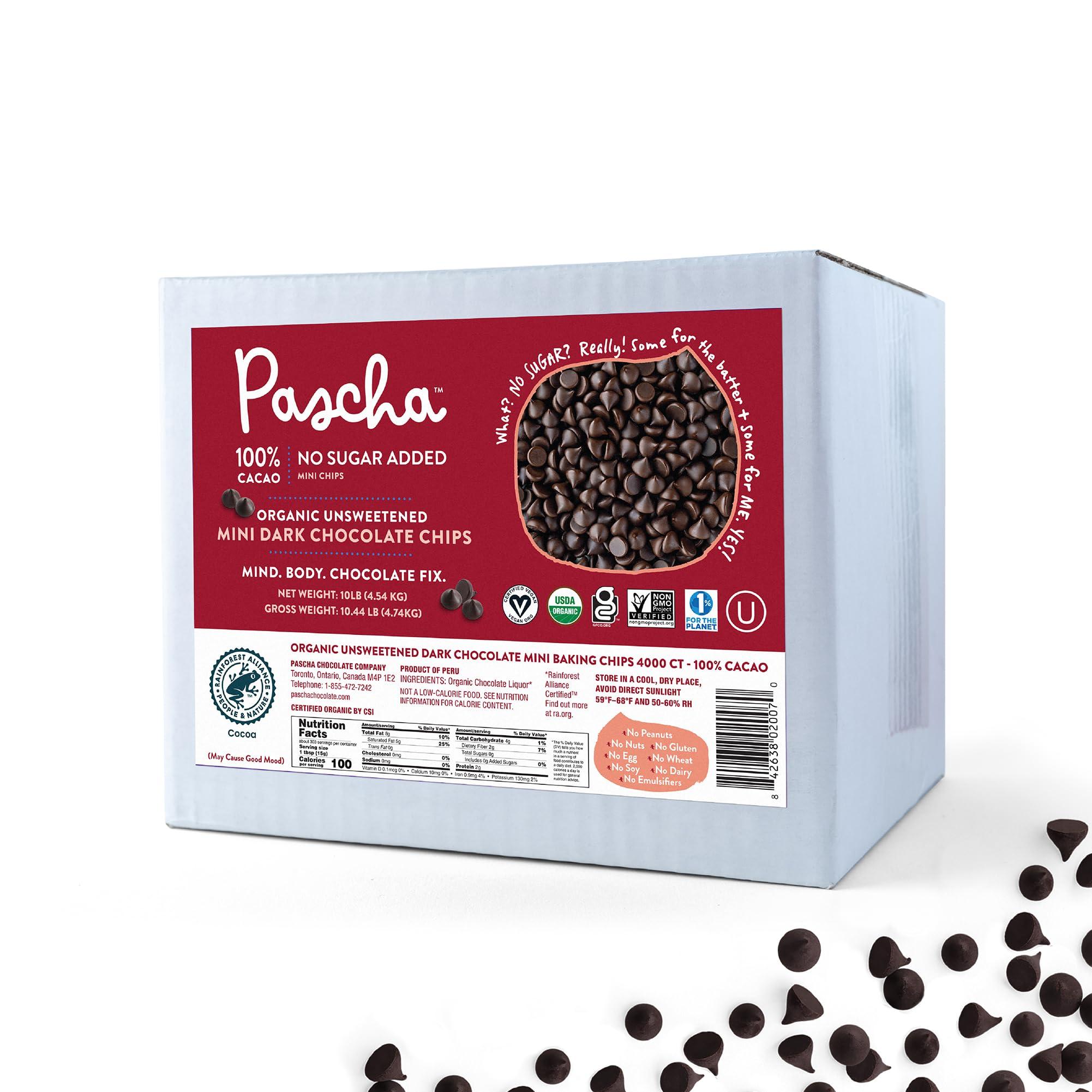 Pascha Pascha Organic Mini Unsweetened Dark Chocolate Baking Chips 100% Cacao, UTZ, Gluten Free, Non GMO, No Added Sugar, Bulk