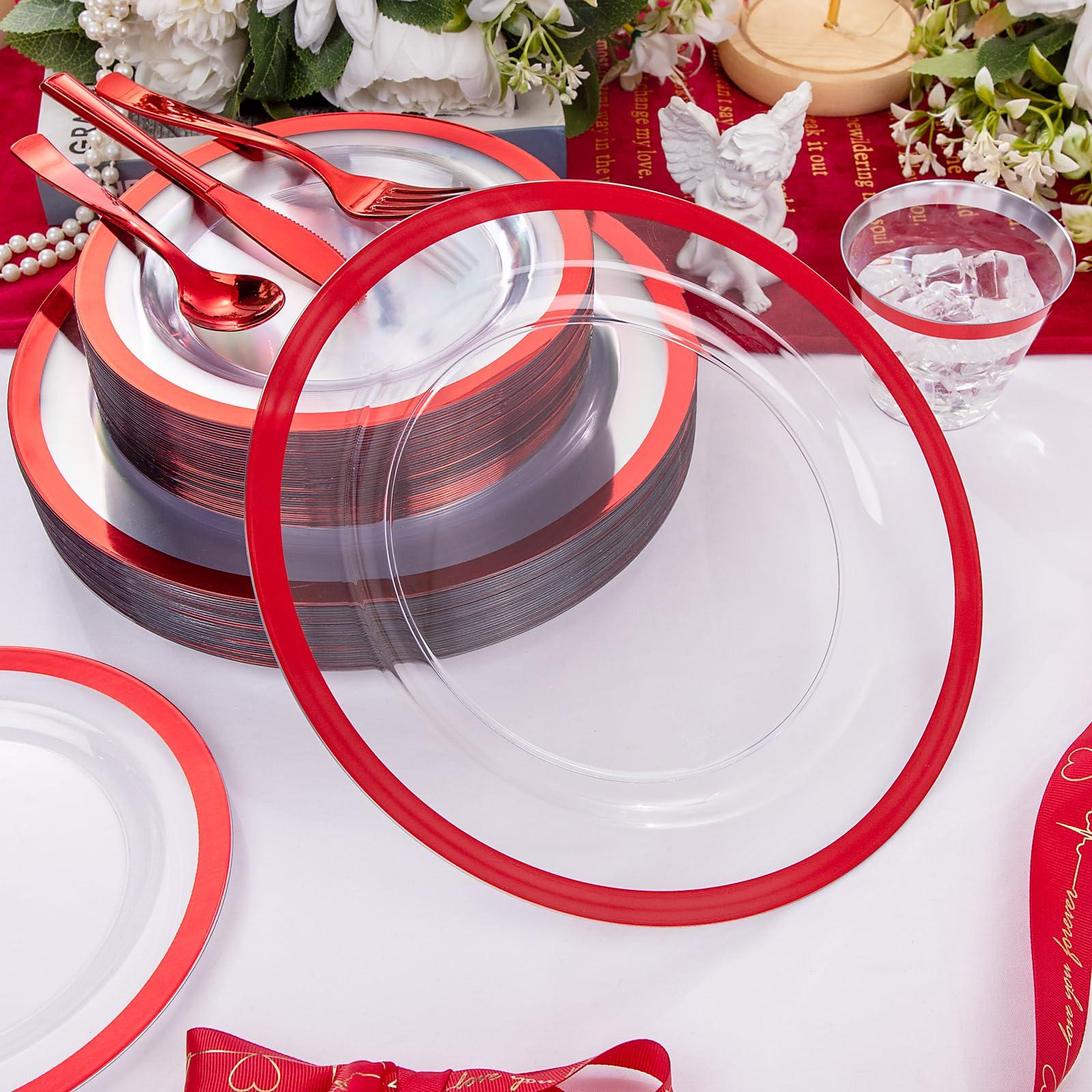 I00000 I00000 350 Pcs Clear and Red Plastic Plates,Valentines Disposable Dinnerware Set, Include 50 Dinner Plates 10.25\'\', 50 Dessert Plates 7.5\'\',50 Red Rim Cups,50 Per Rolled Napkins with Plastic Cutlery