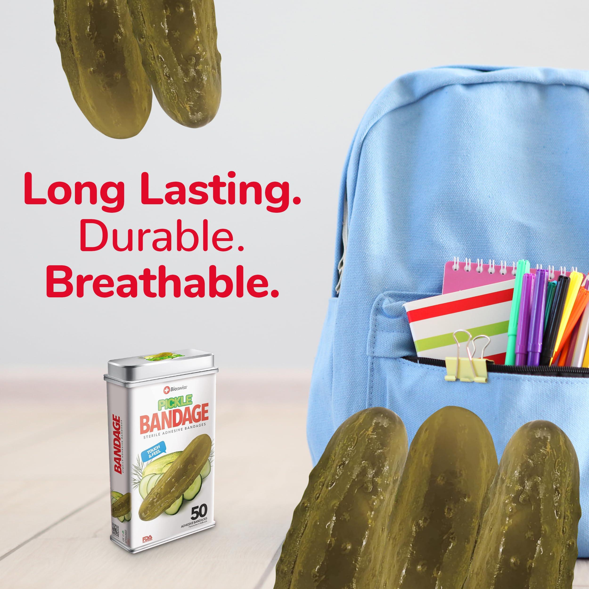 BioSwiss BioSwiss Bandages, Pickle Shaped Self Adhesive Bandages, Latex Free Sterile Wound Care, Fun First Aid Kit Supplies for Kids, 50 Count