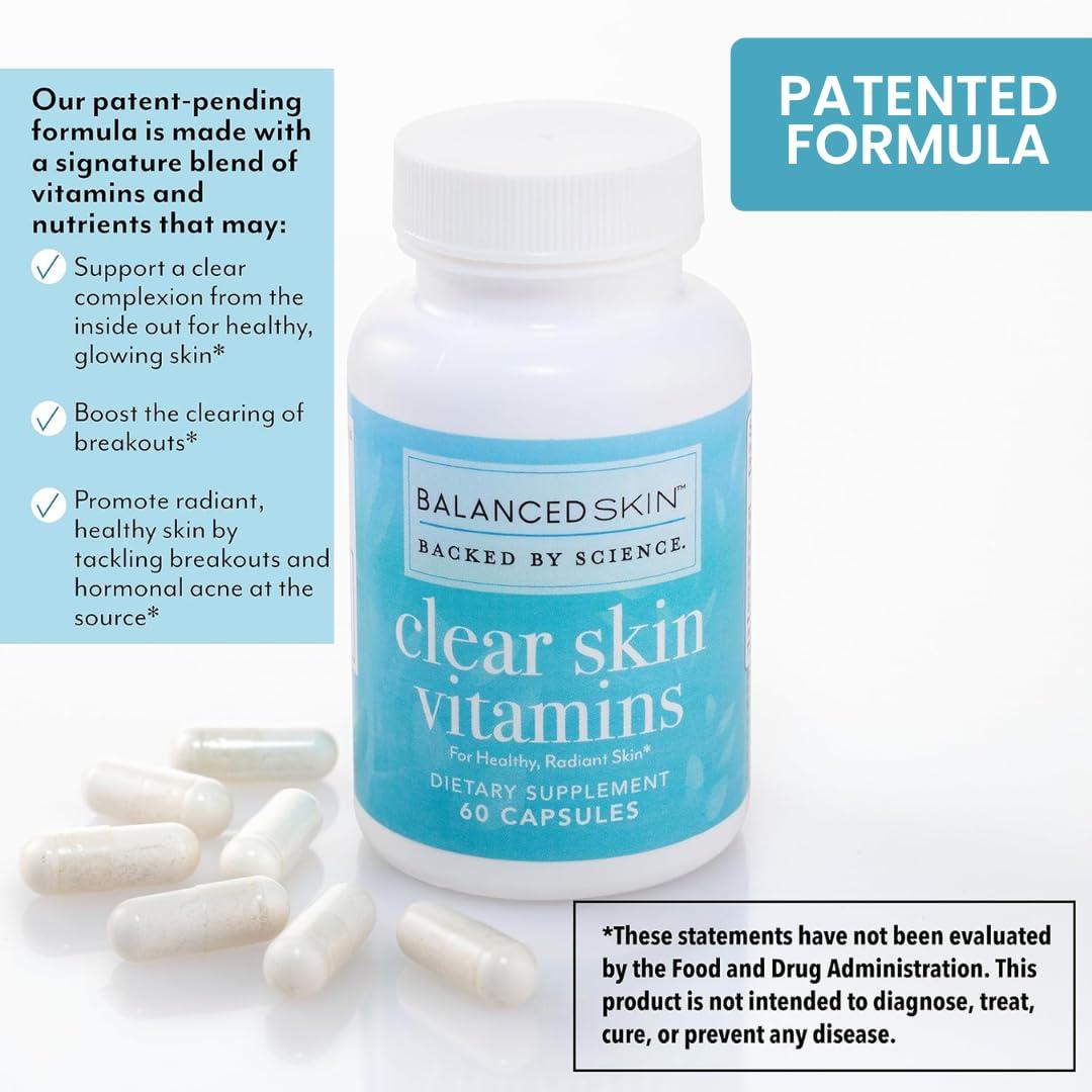 BALANCED SKIN Clear Skin Vitamins for Women & Men - Supplement for Healthy Glowing Skin and Acne Control* - Patented and Dermatologist Developed Hormonal & Cystic Acne Pills