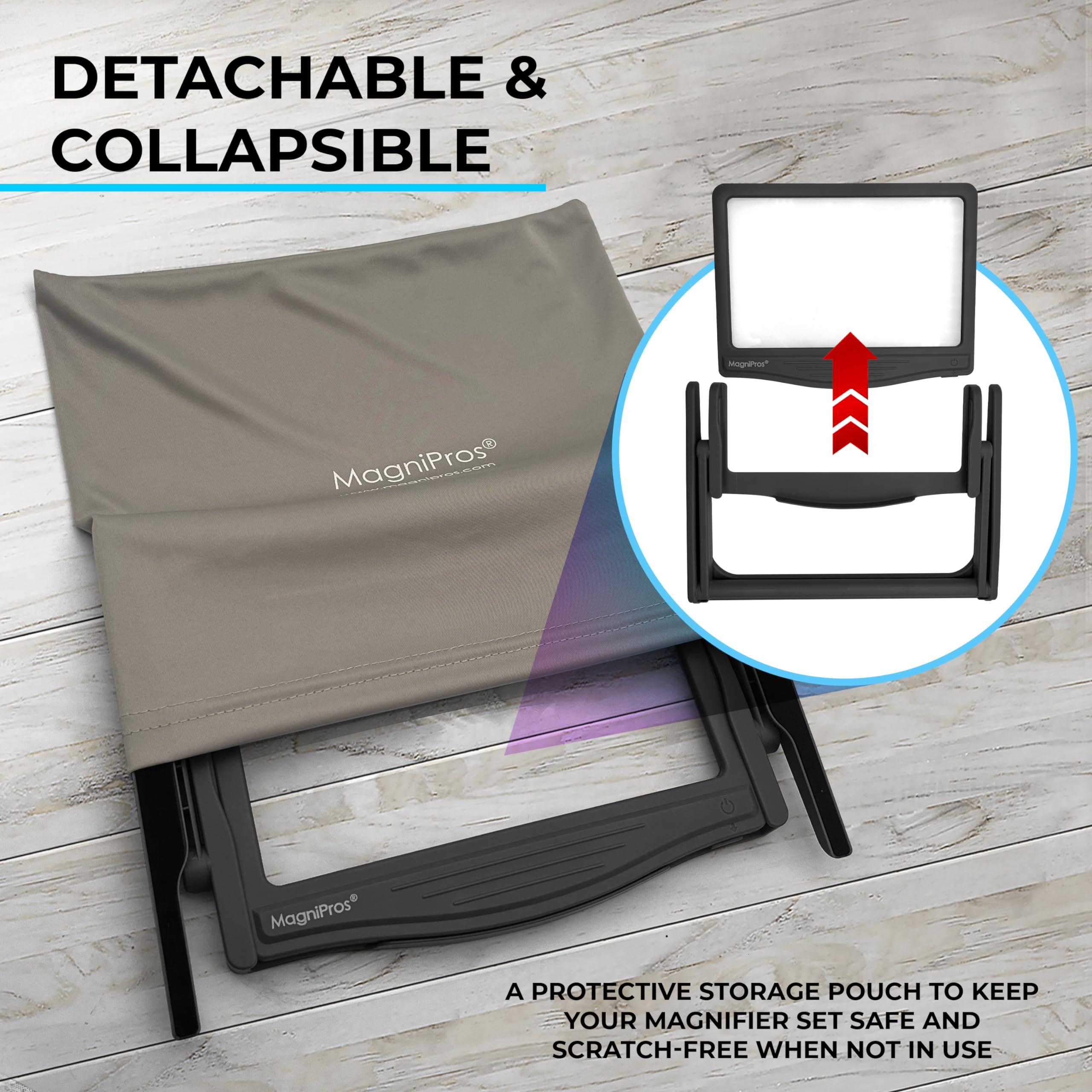 MagniPros MAGNIPROS Patented 5X Large LED Page Magnifier with Detachable Hands-Free Stand, 3 Color Light Modes, Anti-Glare Lens for Eye Strain Relief Perfect for Reading, Crafting, Low Vision & Seniors