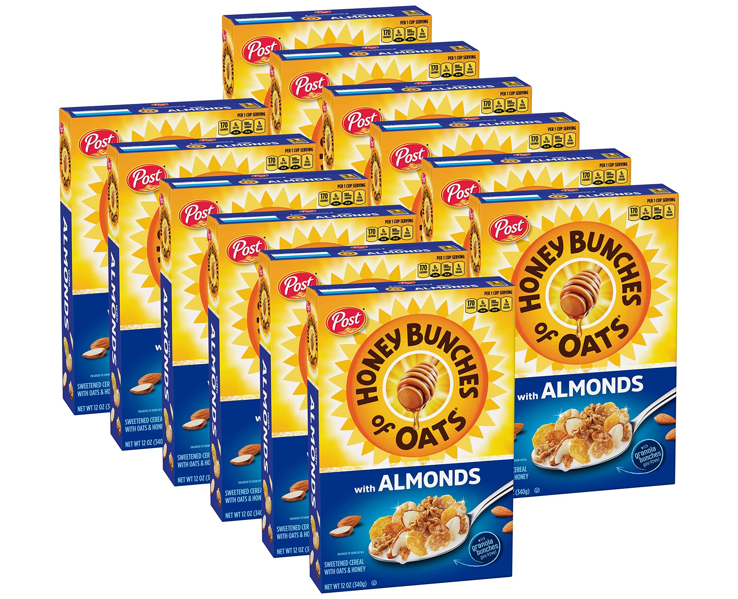 Post Consumer Brands Honey Bunches of Oats with Almonds, Heart Healthy, Low Fat, made with Whole Grain Cereal, 12 Ounce - 12 Boxes