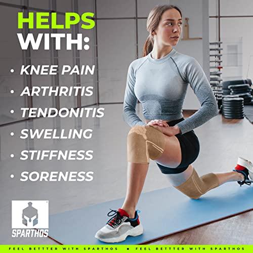 Sparthos Sparthos Knee Compression Sleeves by (Pair) - Support for Sports, Running, Joint Pain Relief - Knee Brace for Men and Women Walking Cycling Football Tennis Basketball Hiking Workout Jogging (Beige-S)
