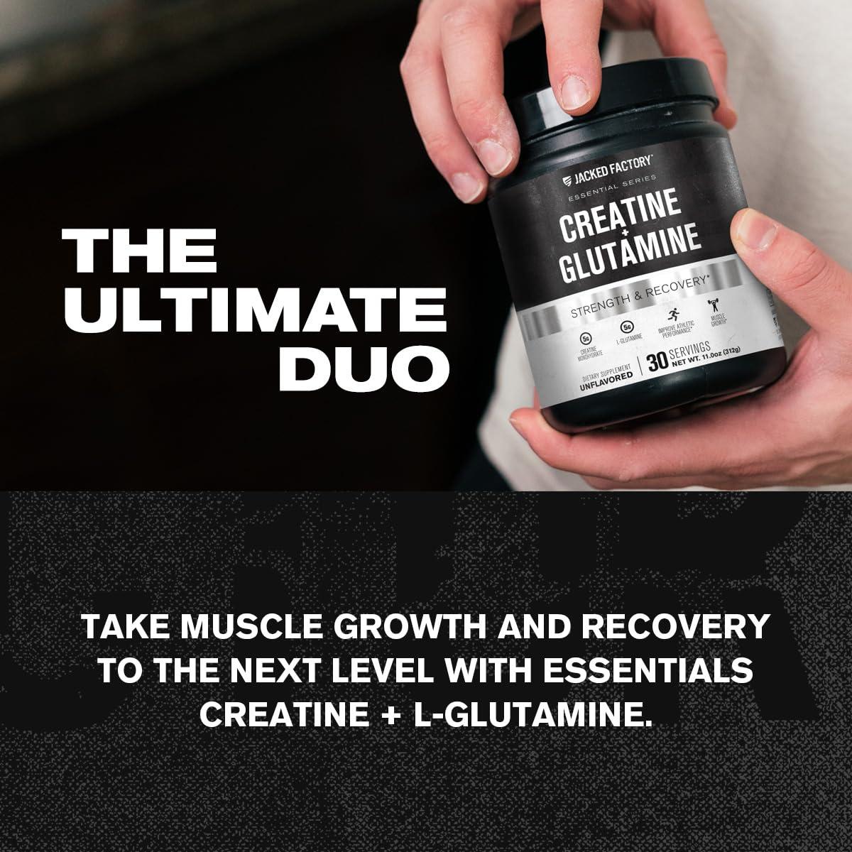 Jacked Factory Creatine + Glutamine - Creatine Supplement with L-Glutamine for Muscle Recovery, Muscle Growth, Increased Strength, Enhanced Energy Output, and Gut Health - 30 Servings, Unflavored