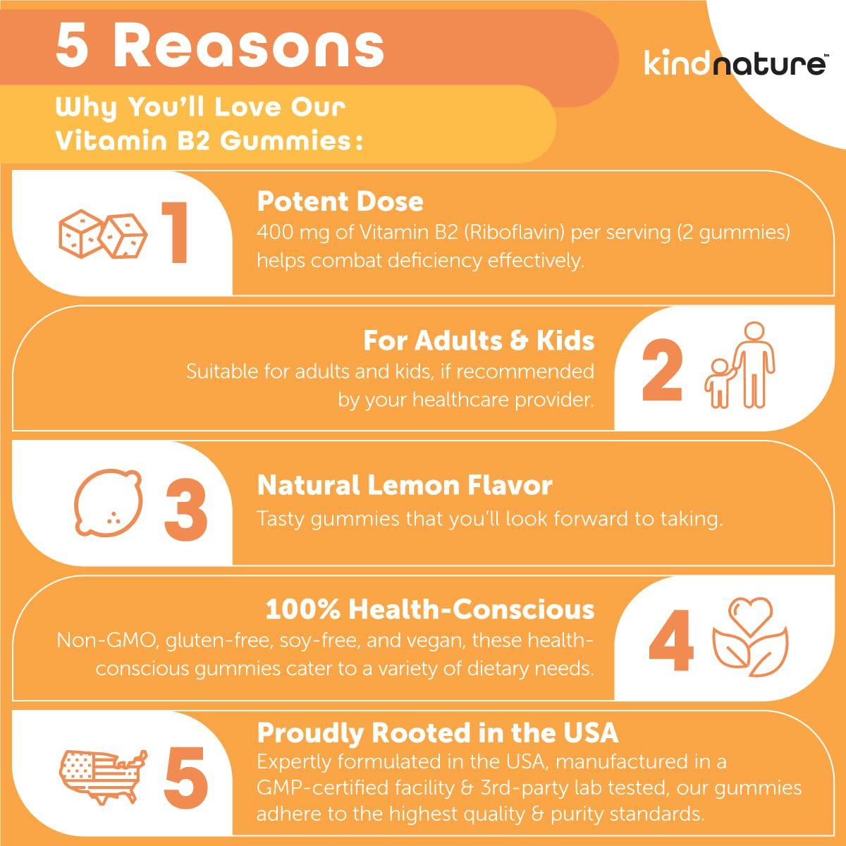 kindnature Kind Nature Vitamin B2 Gummies - Riboflavin 400mg Supplement for Kids & Adults - Non-GMO, Soy & Gluten-Free, Vegan Chewable Gummies (30 Day Supply)